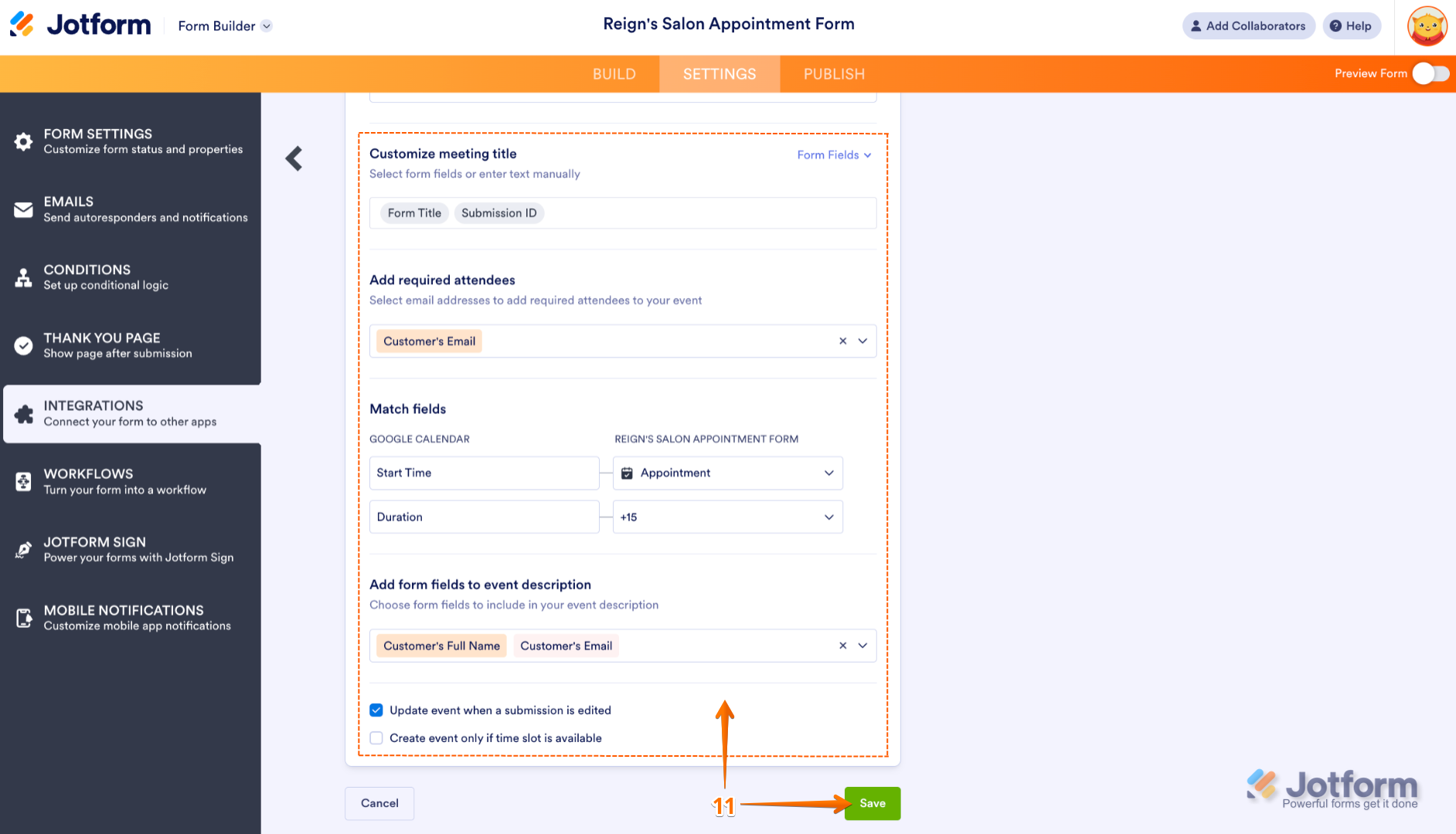 Jotform Google Calendar integration setup screen with editable sections for customizing the meeting title, adding required attendees, matching form fields, and adding details to the event description, with the "Update event when a submission is edited" option checked and the "Save" button highlighted to complete the integration