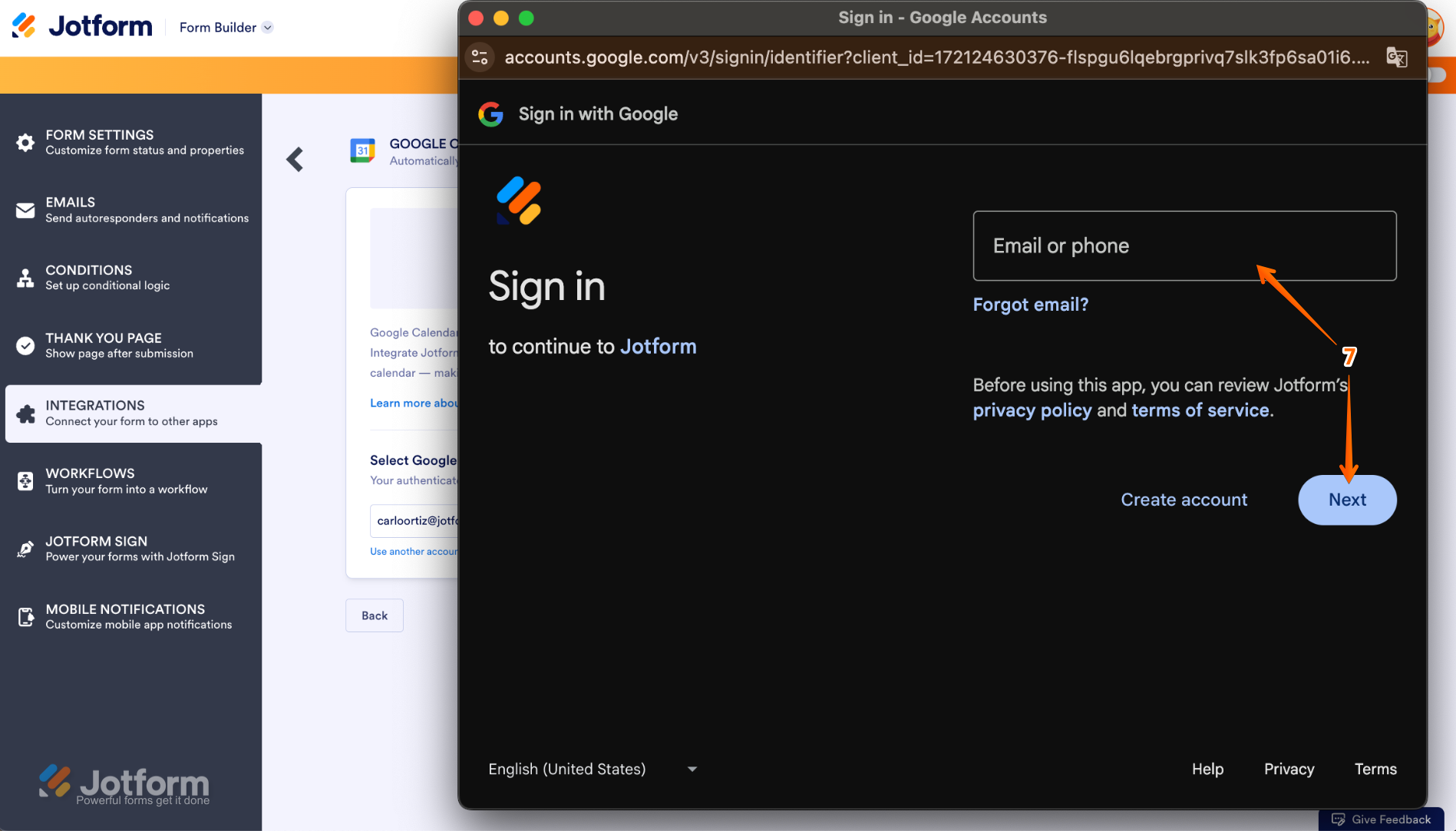 Google sign-in pop-up window prompting the user to enter their Google account email address, with the "Next" button highlighted to proceed with authentication for the Jotform integration