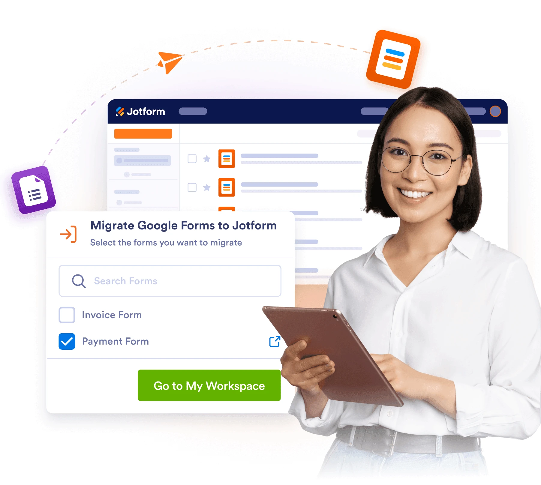 Jotform image showing the "Migrate Google Forms to Jotform" tool