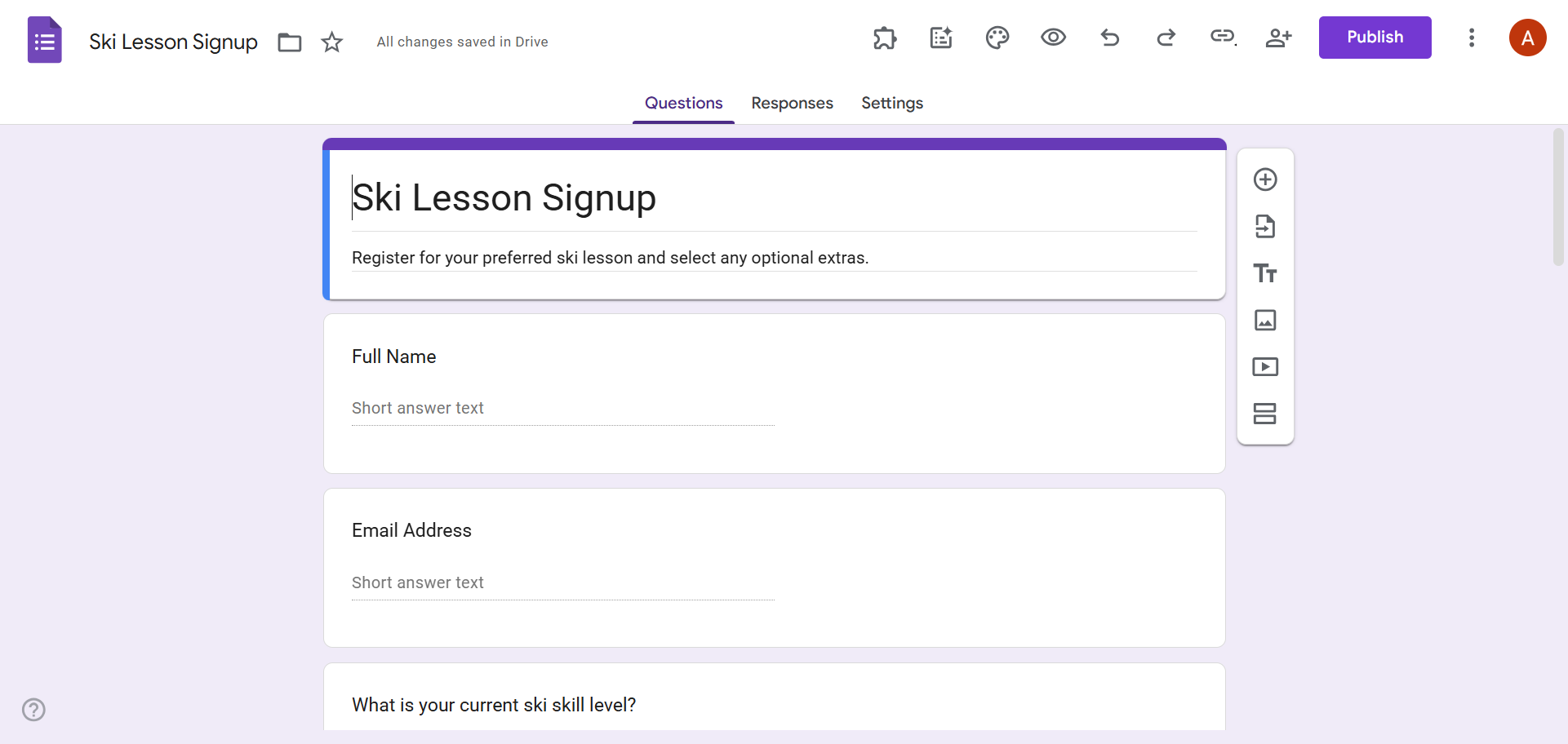 Google Forms interface showing an example Ski Lesson Signup form