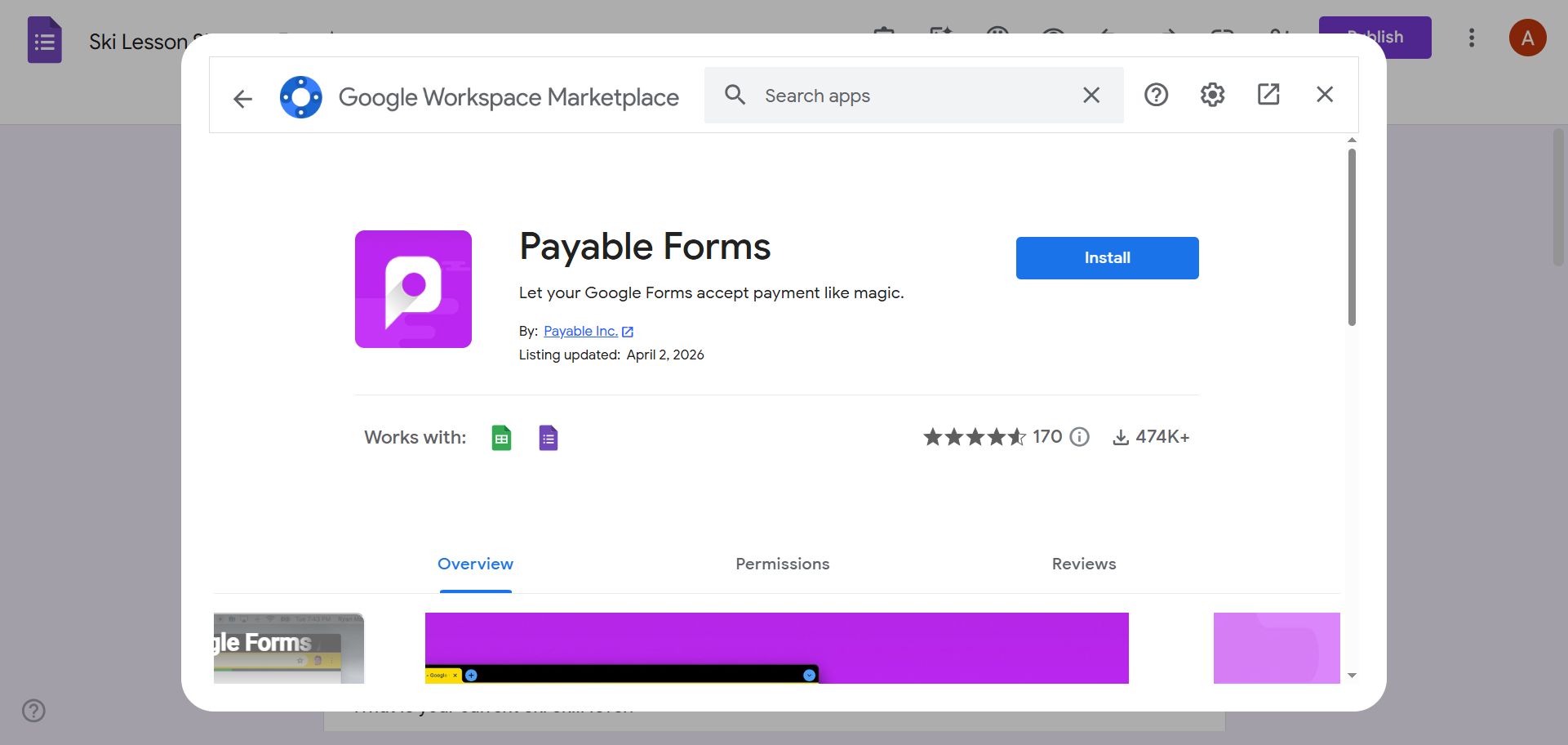 Google Workspace Marketplace showing the Payable Forms listing and the "Install" button