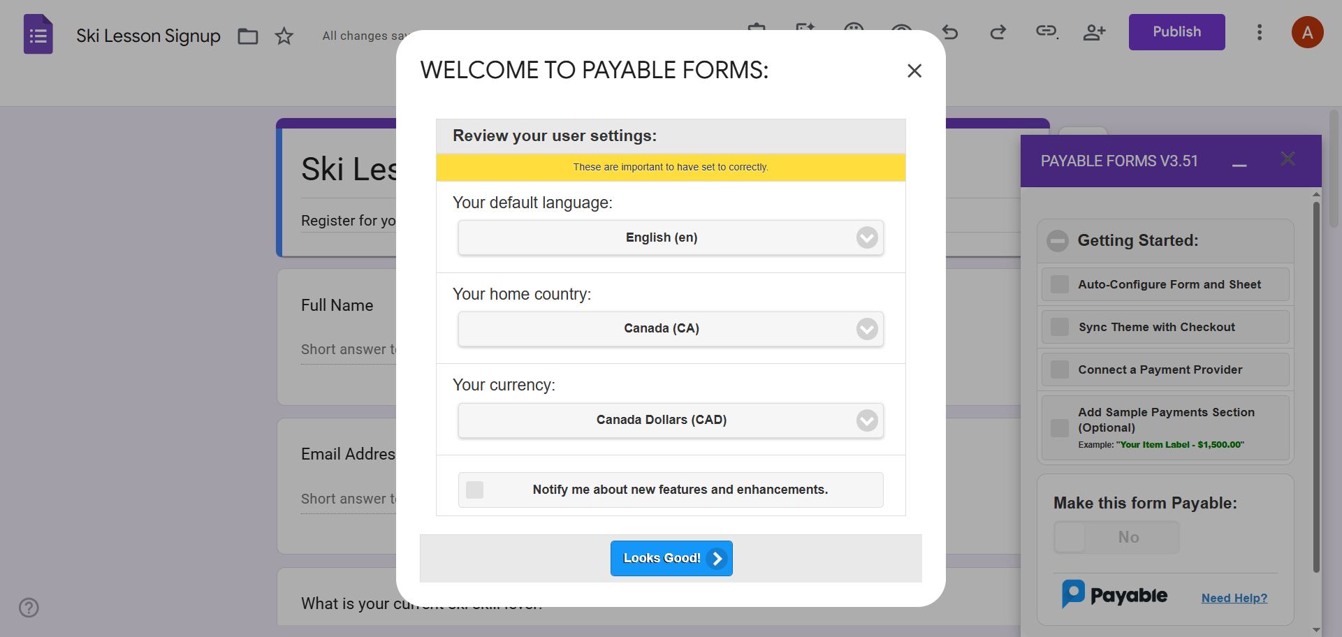 Google Forms interface showing the Payable Forms user settings pop-up