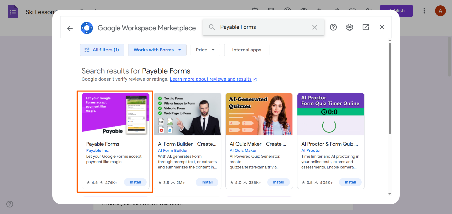 Google Workspace Marketplace showing the Payable Forms listing in the search results