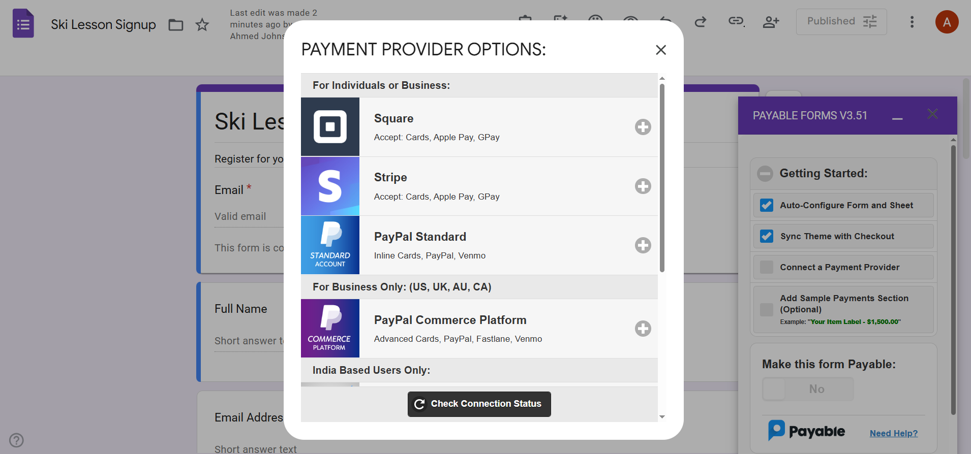 Google Forms interface showing the Payable Forms payment provider selection pop-up