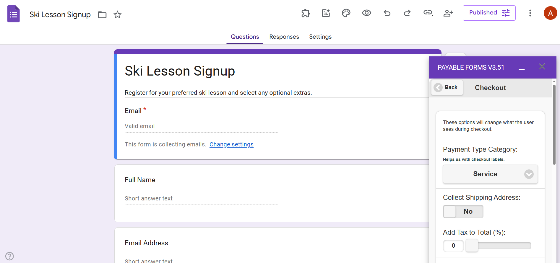 Google Forms interface showing the Payable Forms checkout settings pop-up