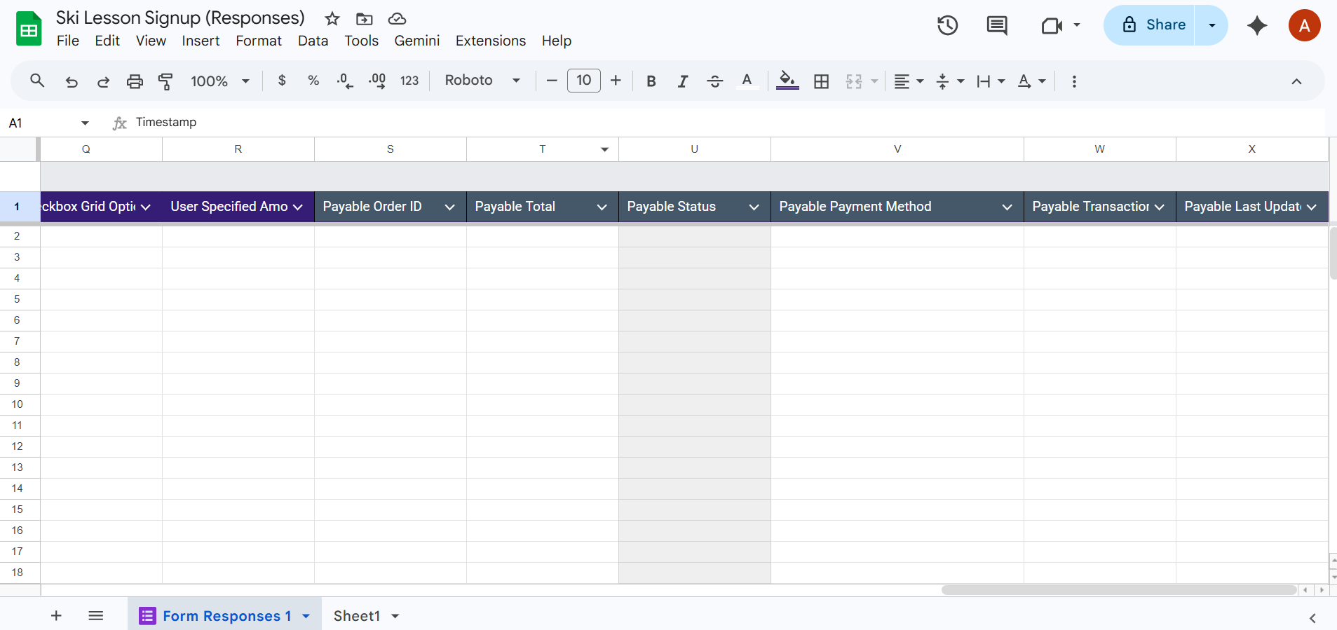 Google Sheets interface showing the spreadsheet linked to the Google Form for responses