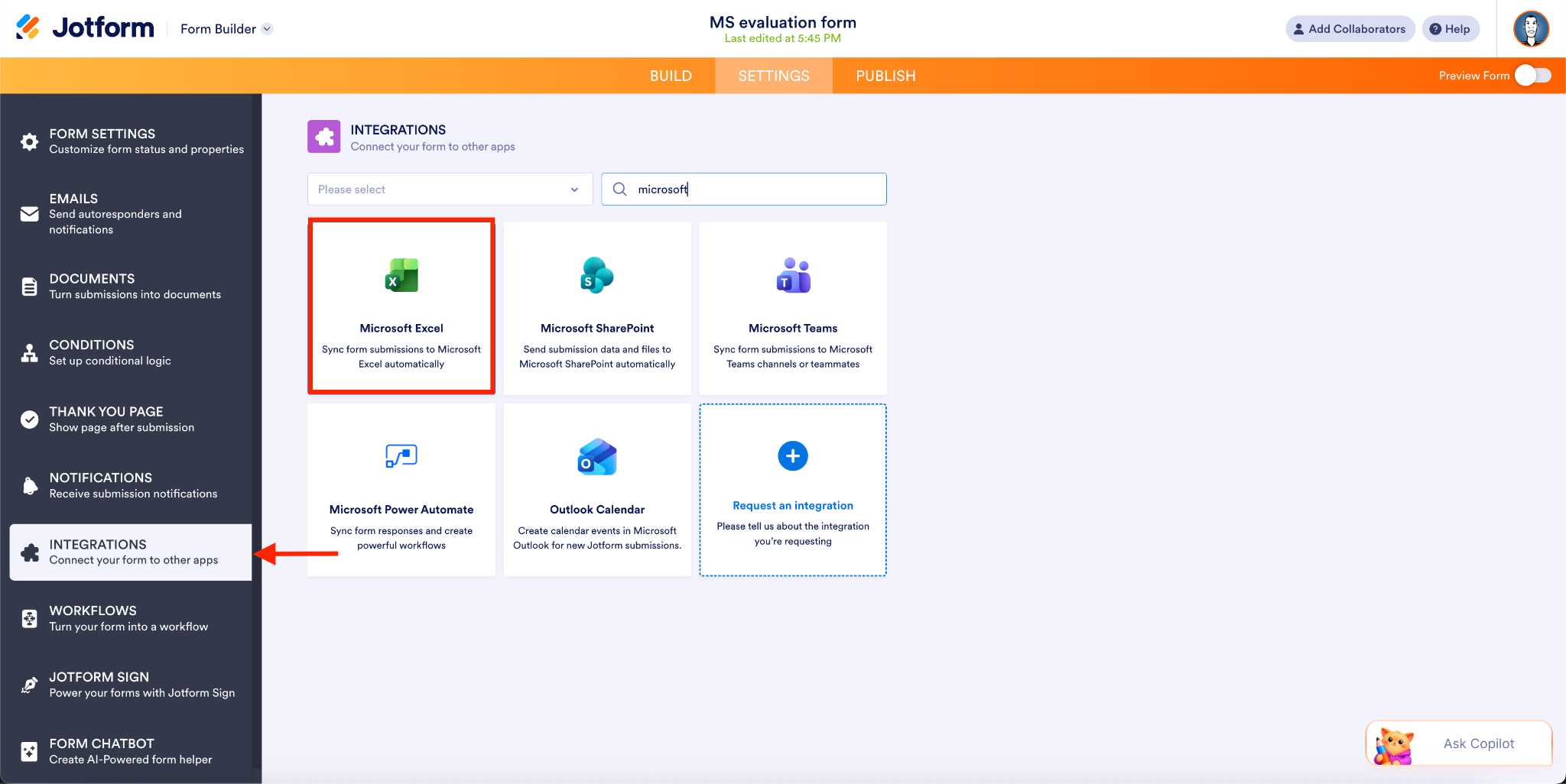 Clicking on the Integrations tab, then selecting Microsoft Excel on the Settings page of Jotform Form Builder