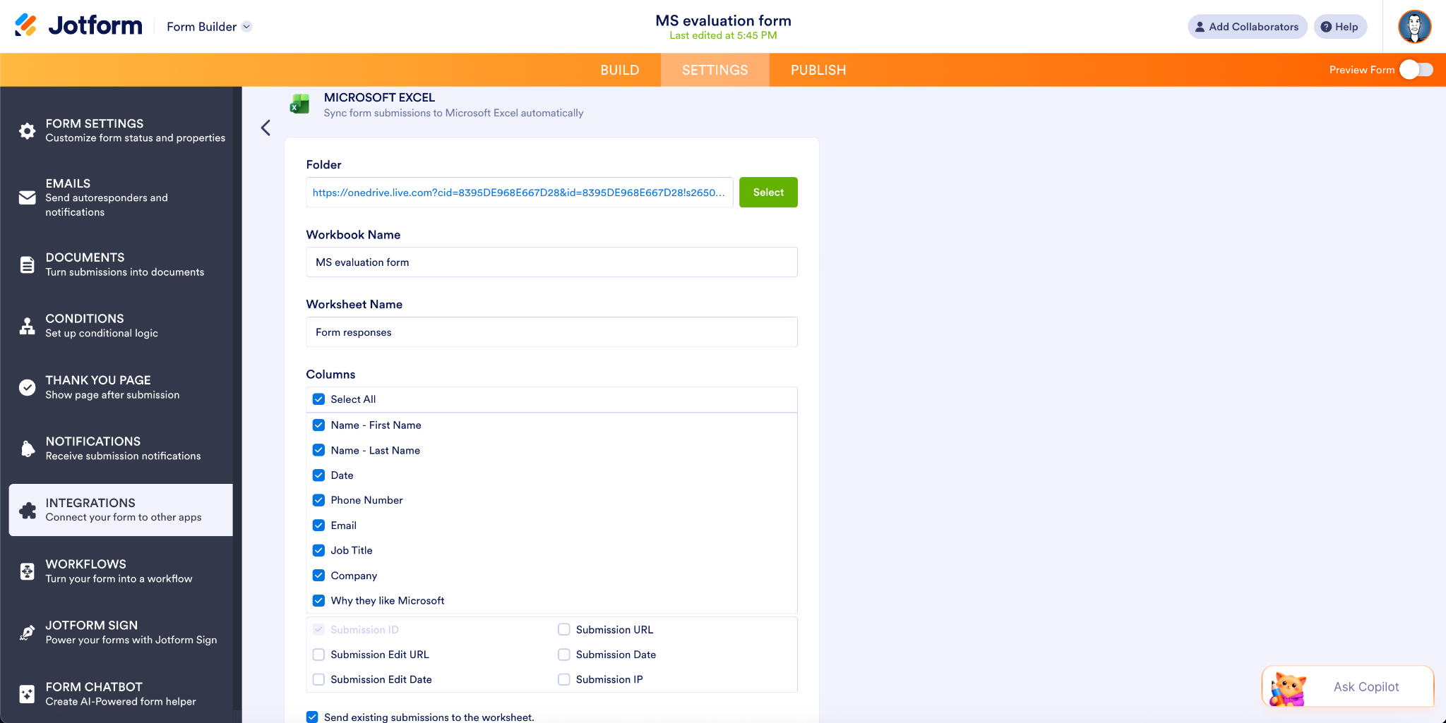 Mapping fields to Excel columns on Jotform Form Builder