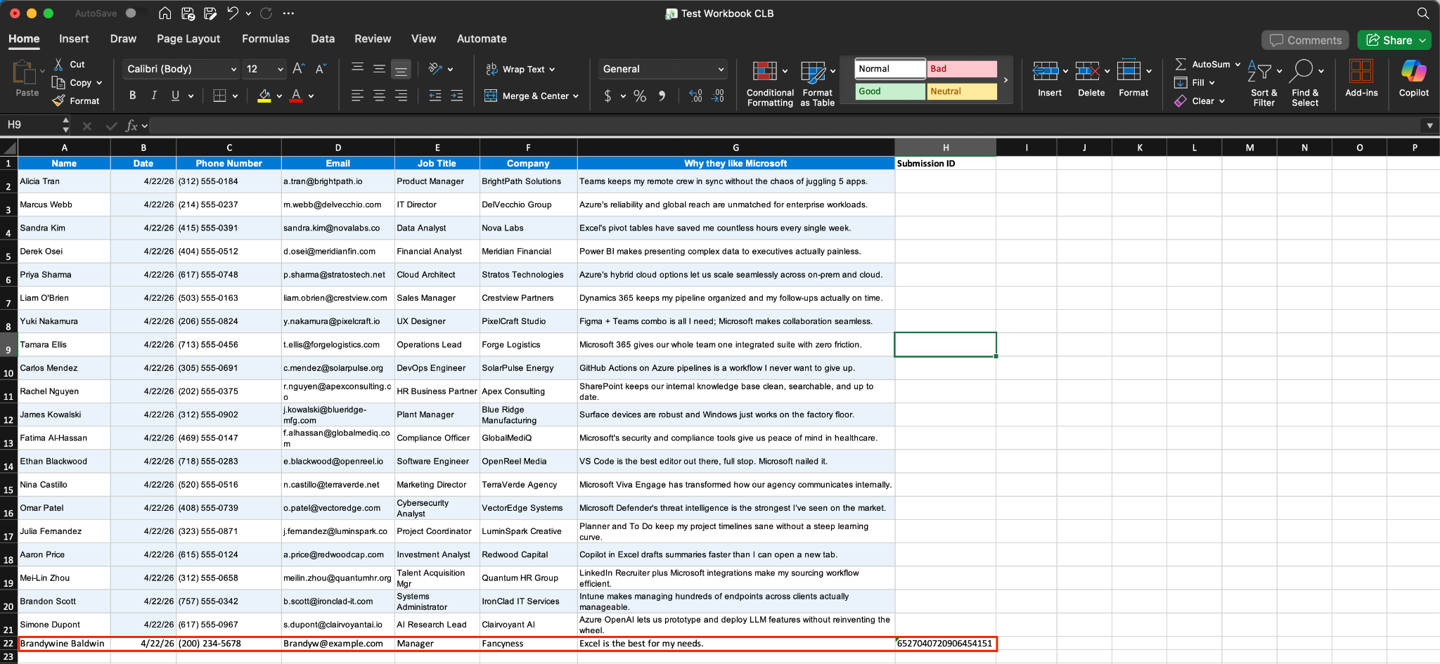Viewing the Add Row to Existing Workbook action on Microsoft Excel