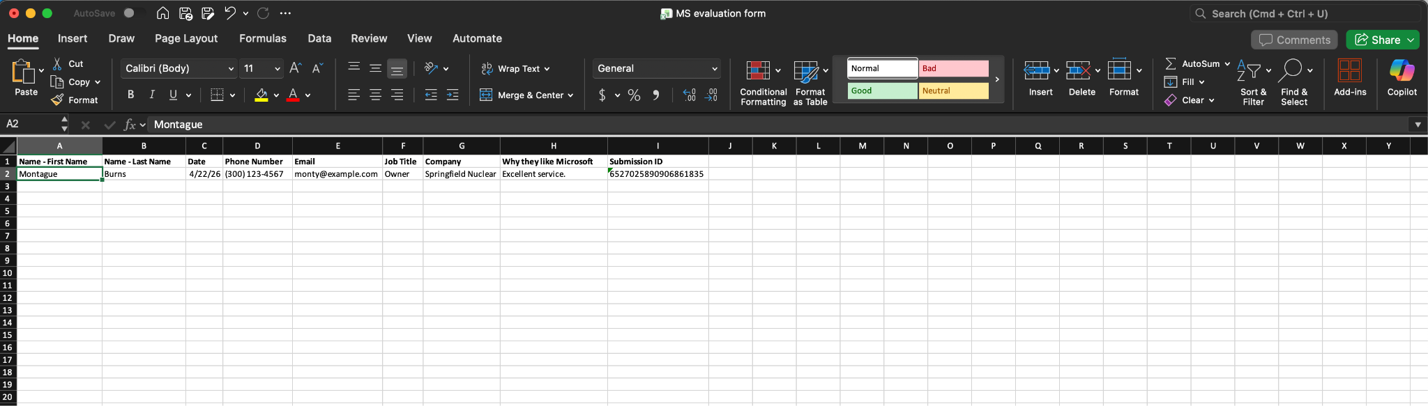 Viewing the Add Row to New  Workbook action on Microsoft Excel
