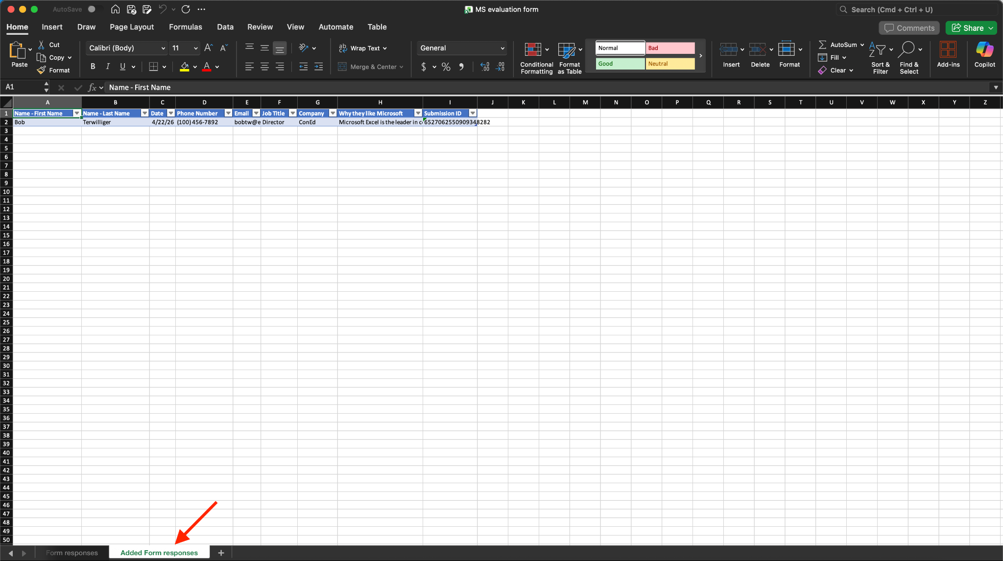 Showing the Added Form responses tab name on Microsoft Excel