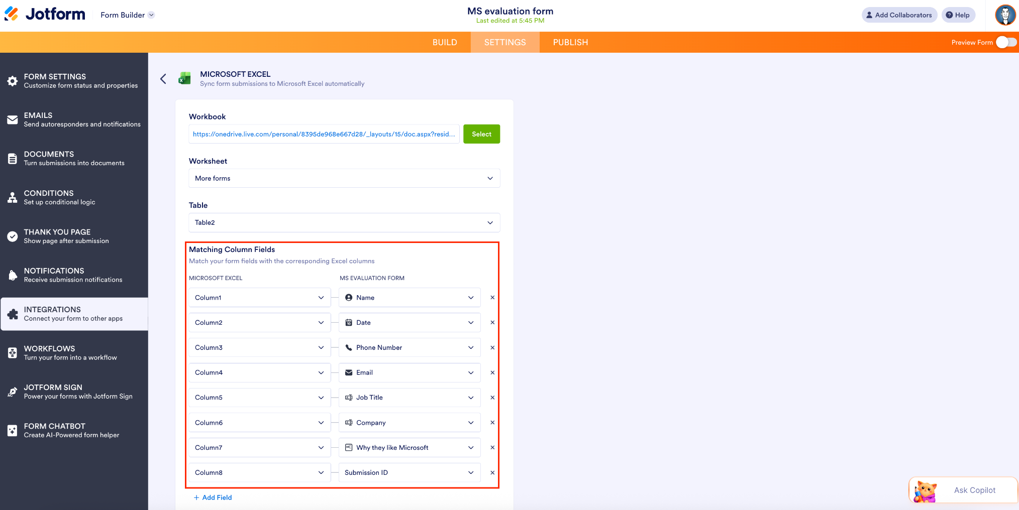 Highlighting the Matching Column Fields under the Microsoft Excel Integration page