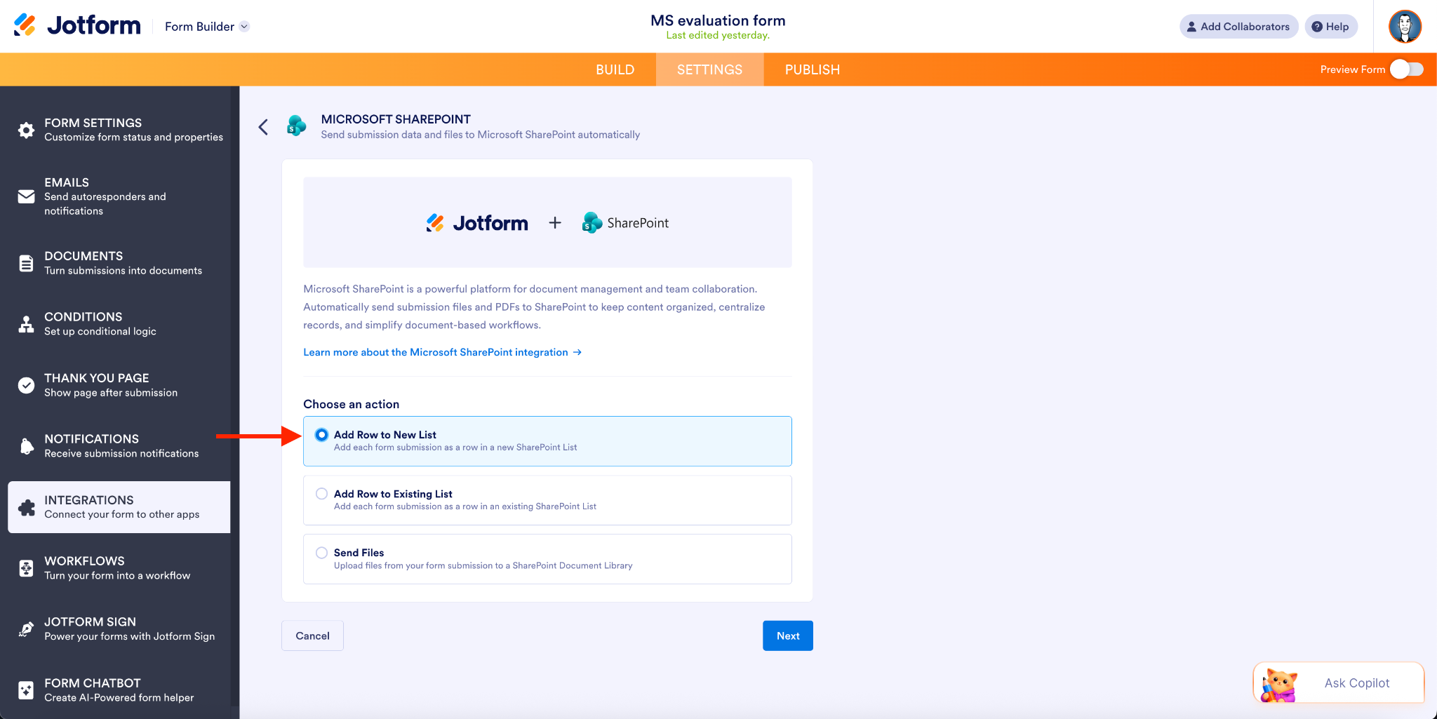 Choosing the Add Row to New List option under the Microsoft Sharepoint Integration page