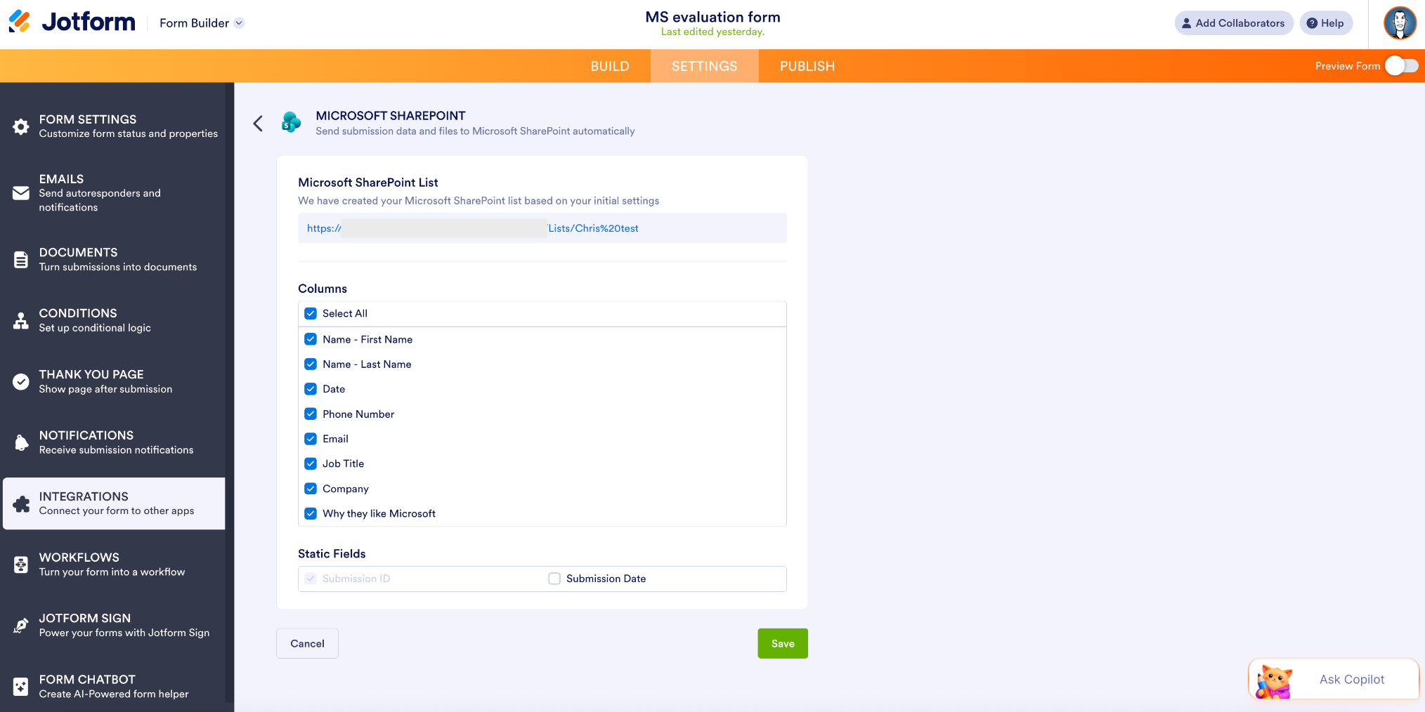 Choosing the destination site and the folder name in the Microsoft Sharepoint Integration page
