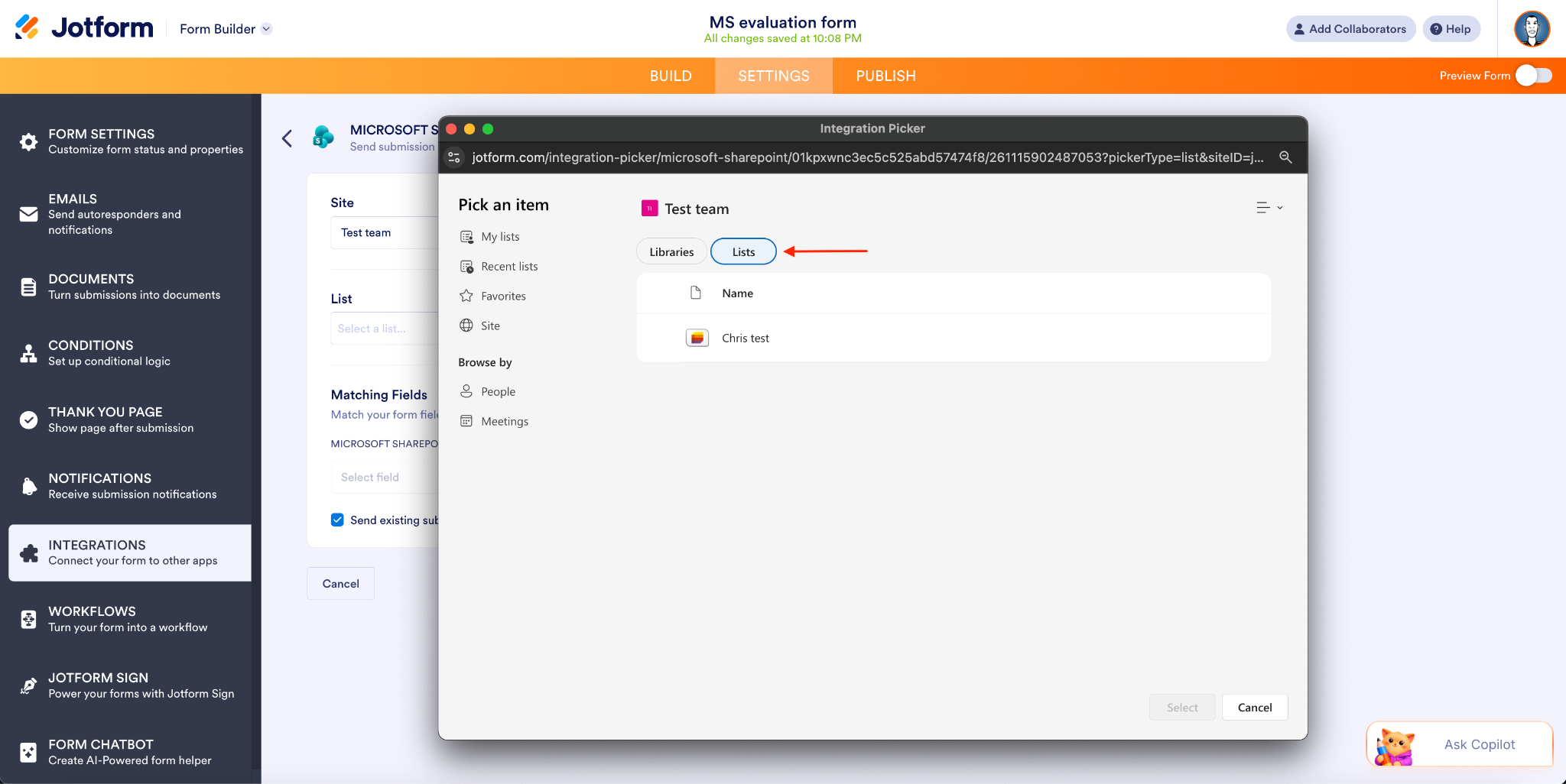 Clicking on the Lists option inside the pop-up window