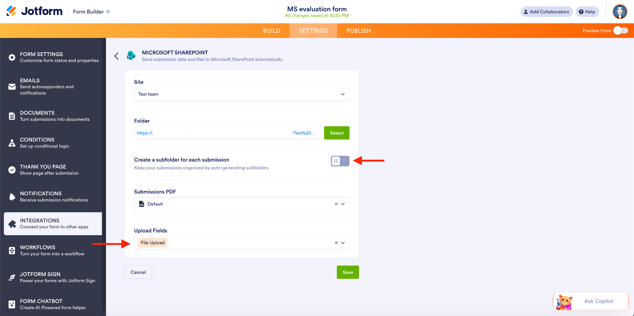 Toggling the Create a new subfolder for each submission option off, and adding File Upload field as the Upload Field
