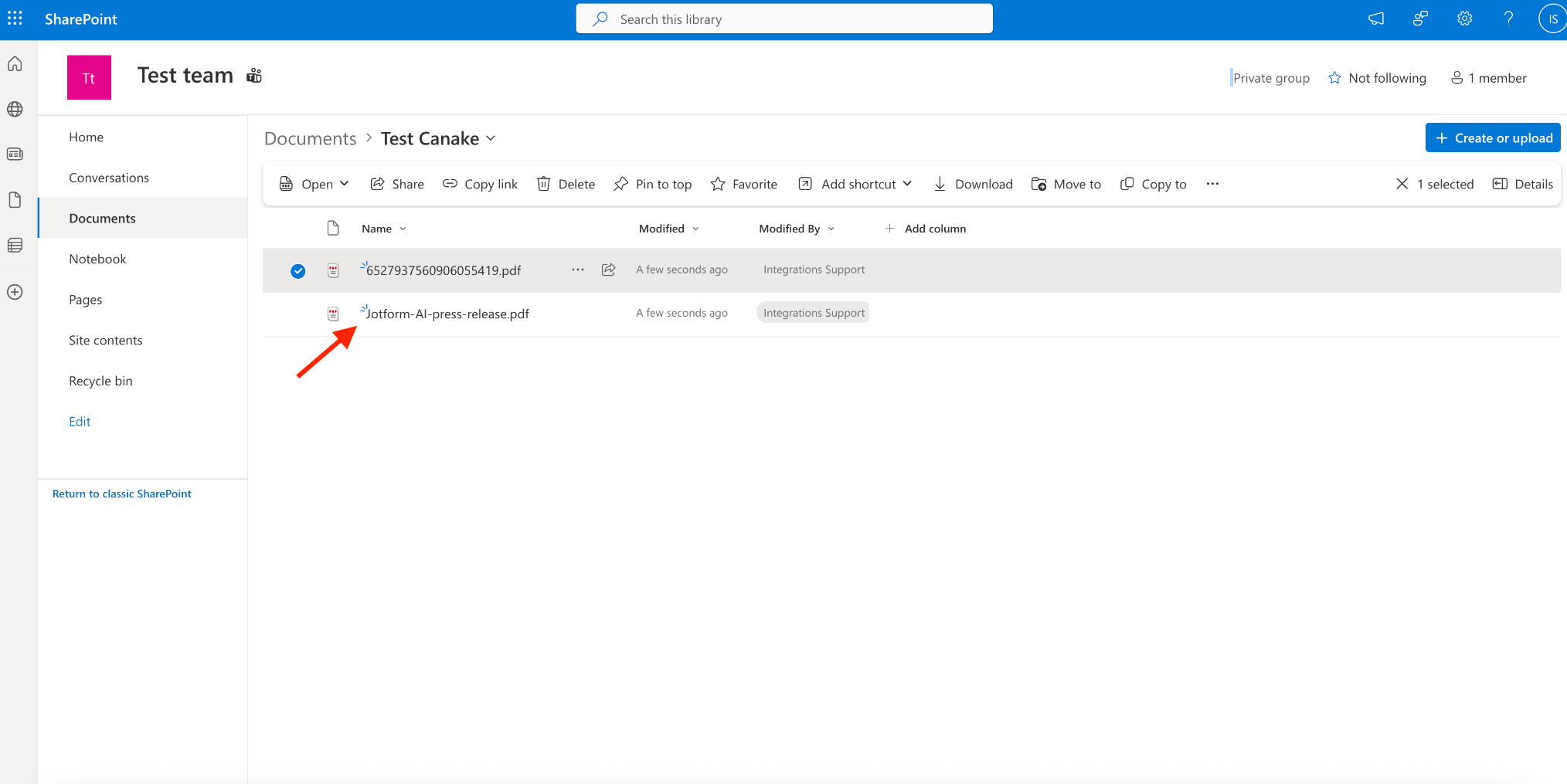 Viewing the PDF imported inside the Document folder in Sharepoint