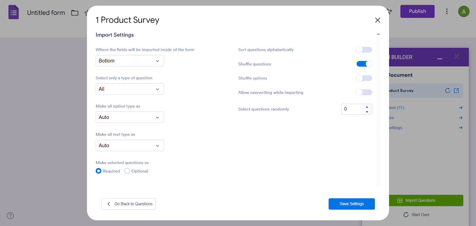 Capture d'écran du menu du module complémentaire AI Form Builder montrant les Paramètres d'importation