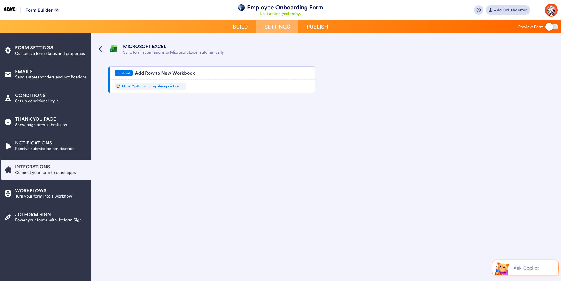 Viewing the Enabled action under the Microsoft Excel integration page