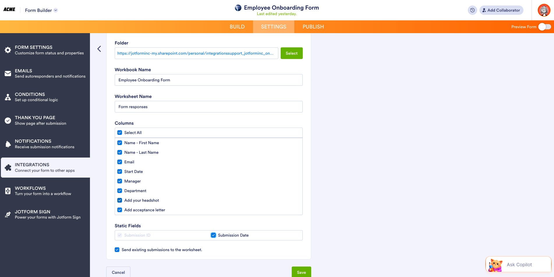 Creating a folder and mapping the Excel fields on Jotform Form Builder