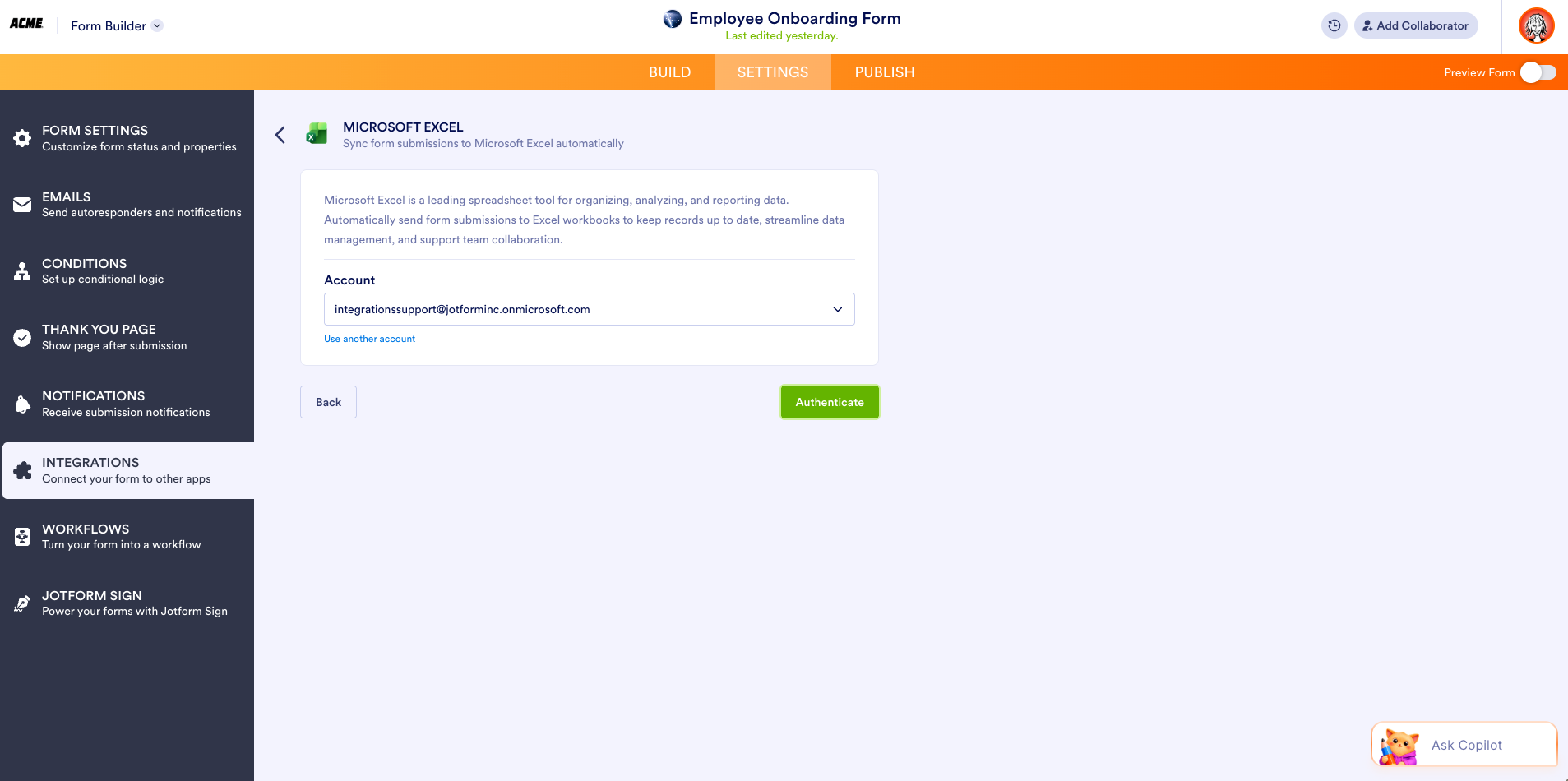 Viewing the Microsoft Excel Integration Authentication page