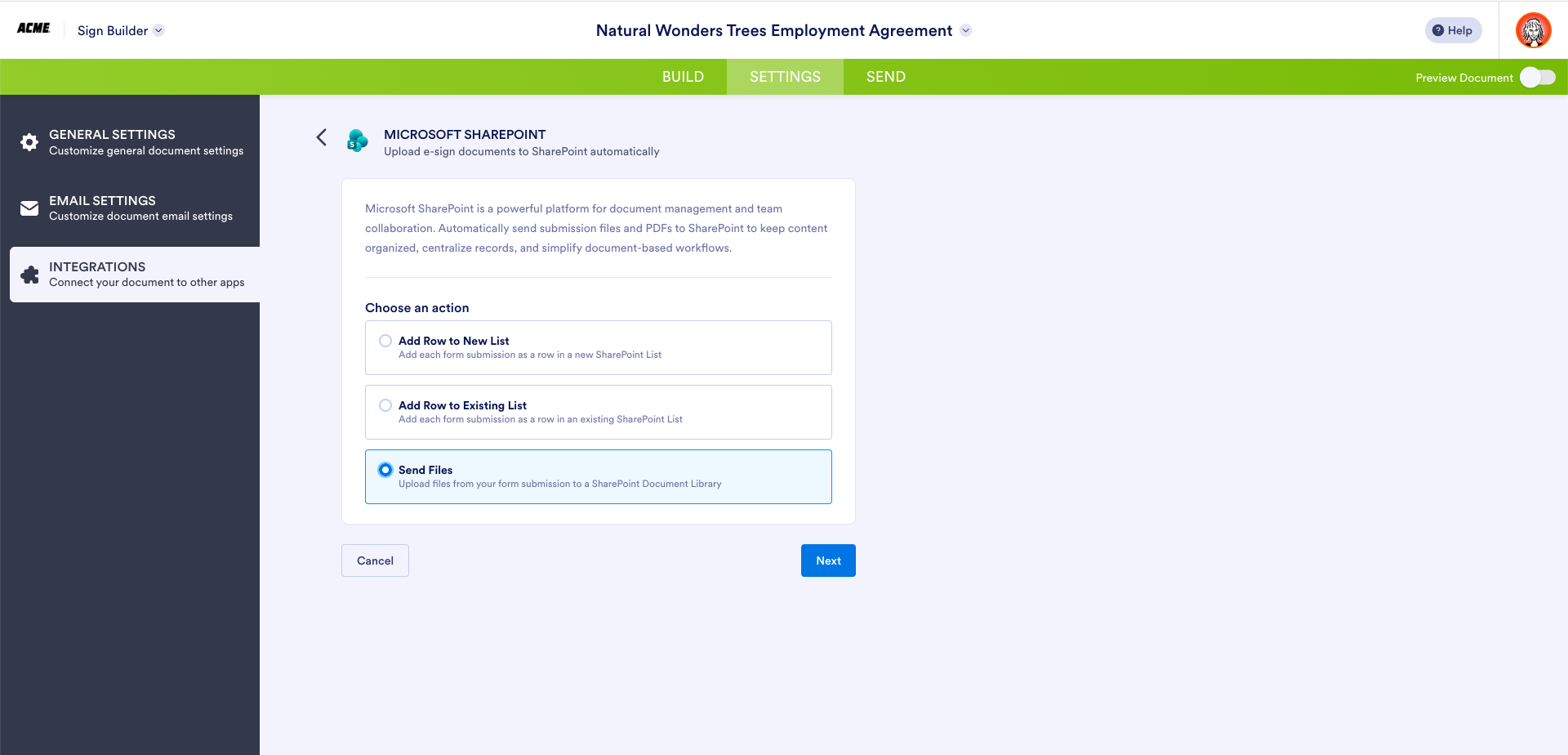 Selecting the Send Files option on the Microsoft Sharepoint Integration page