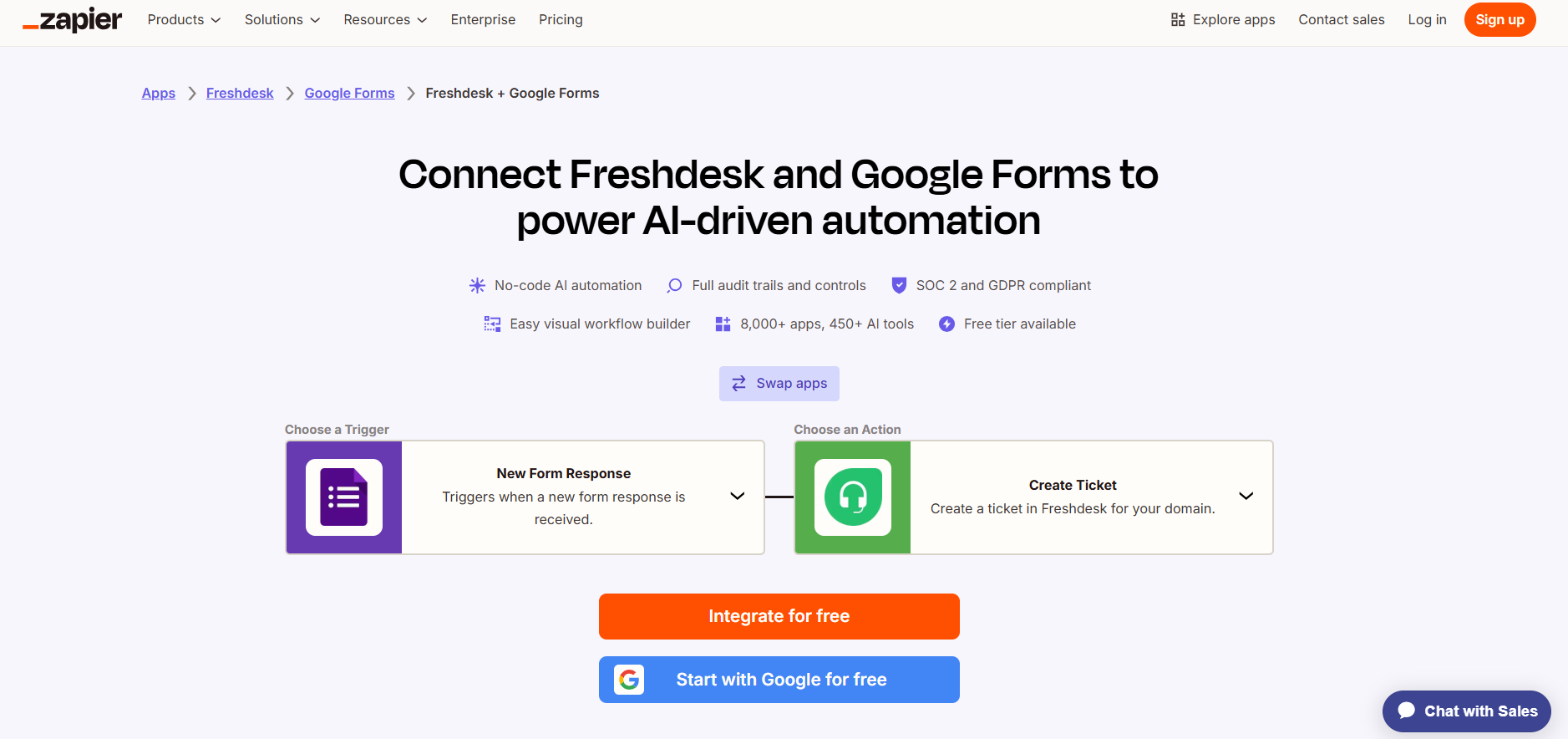 Zapier landing page for the Freshdesk and Google Forms integration showing the trigger and action events selected