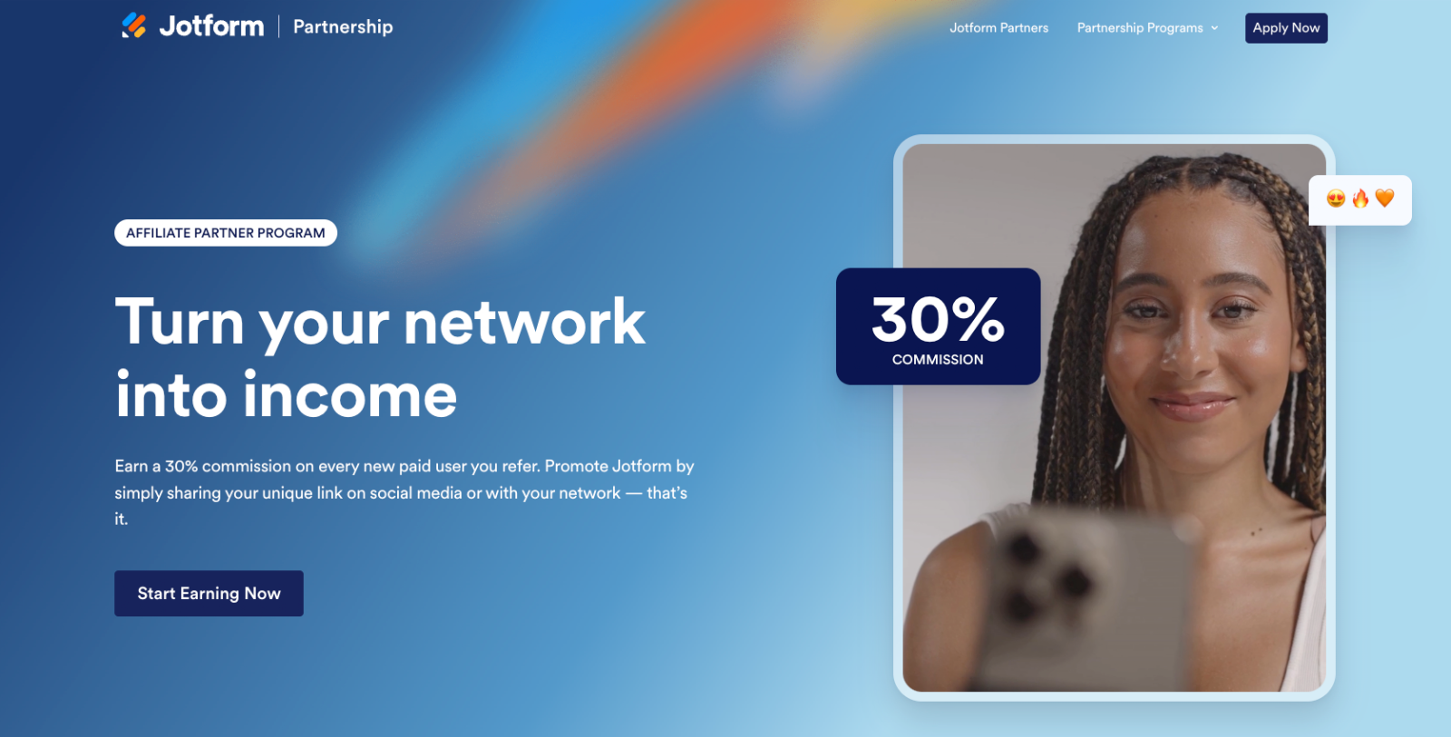 Jotform website with the words: "Turn your network into income"