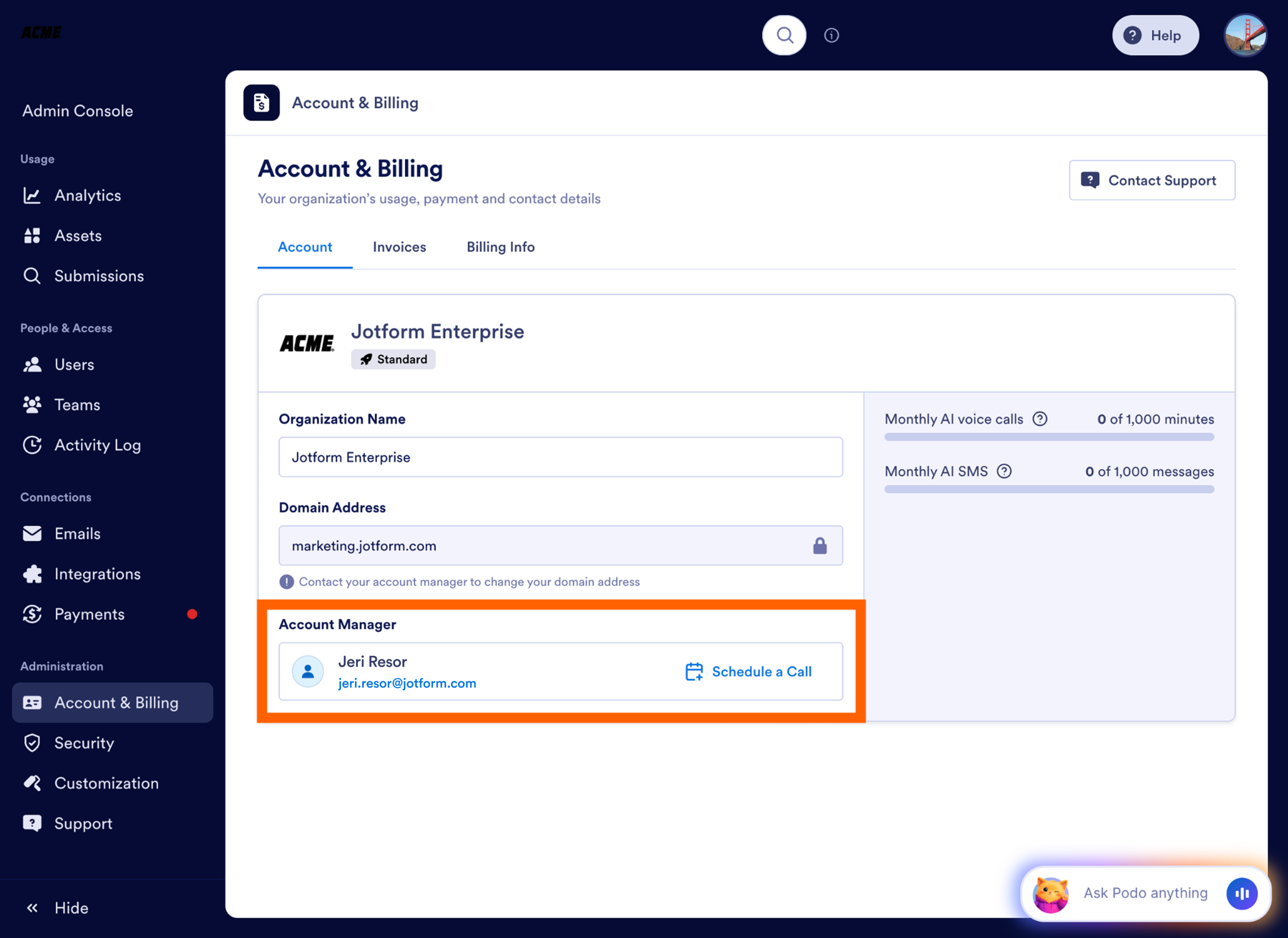 Viewing the Account Manager's name and address on the Account & Billing page