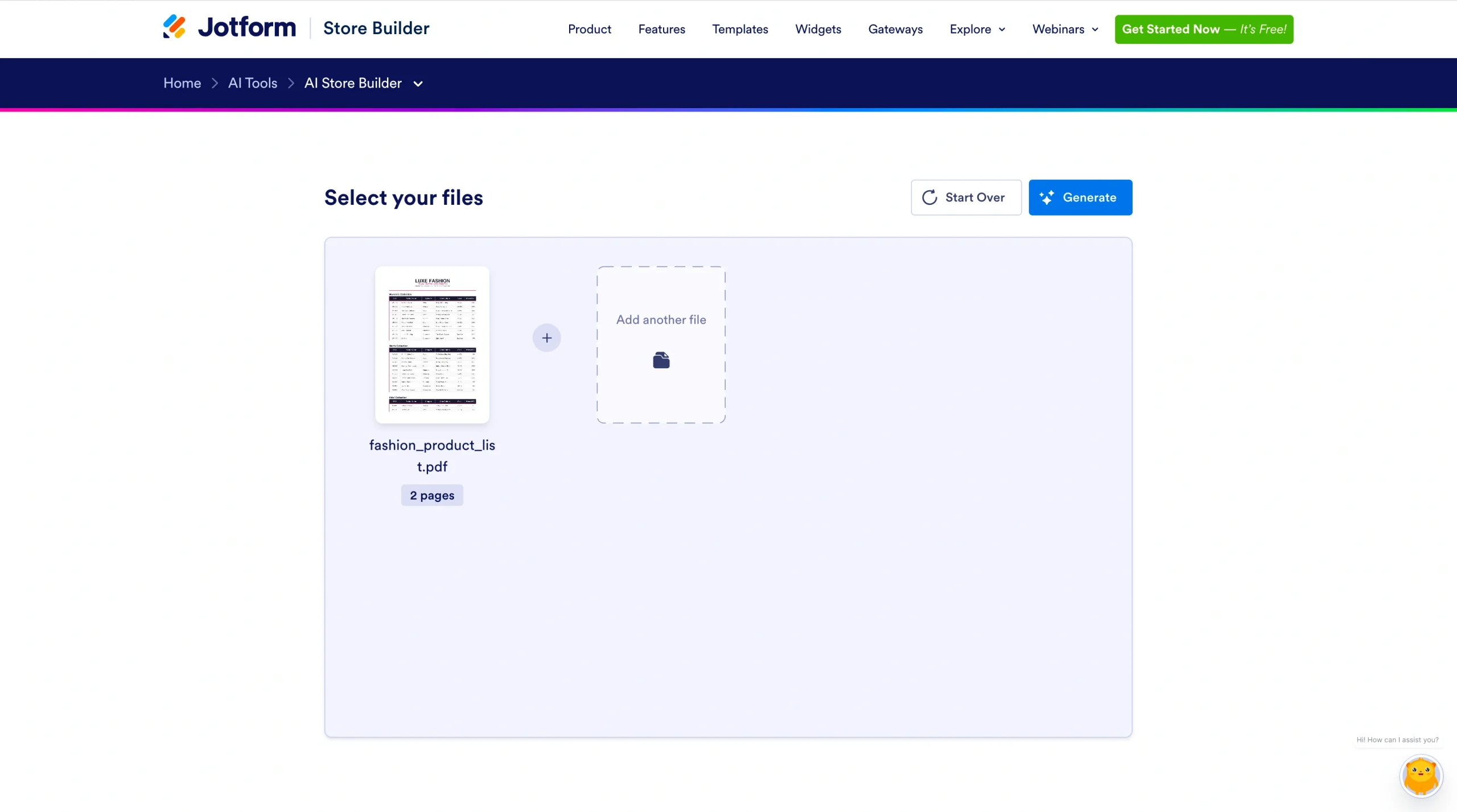 Screenshot of Jotform Store Builder file upload screen showing a PDF product list added, with an option to add more files and a “Generate” button