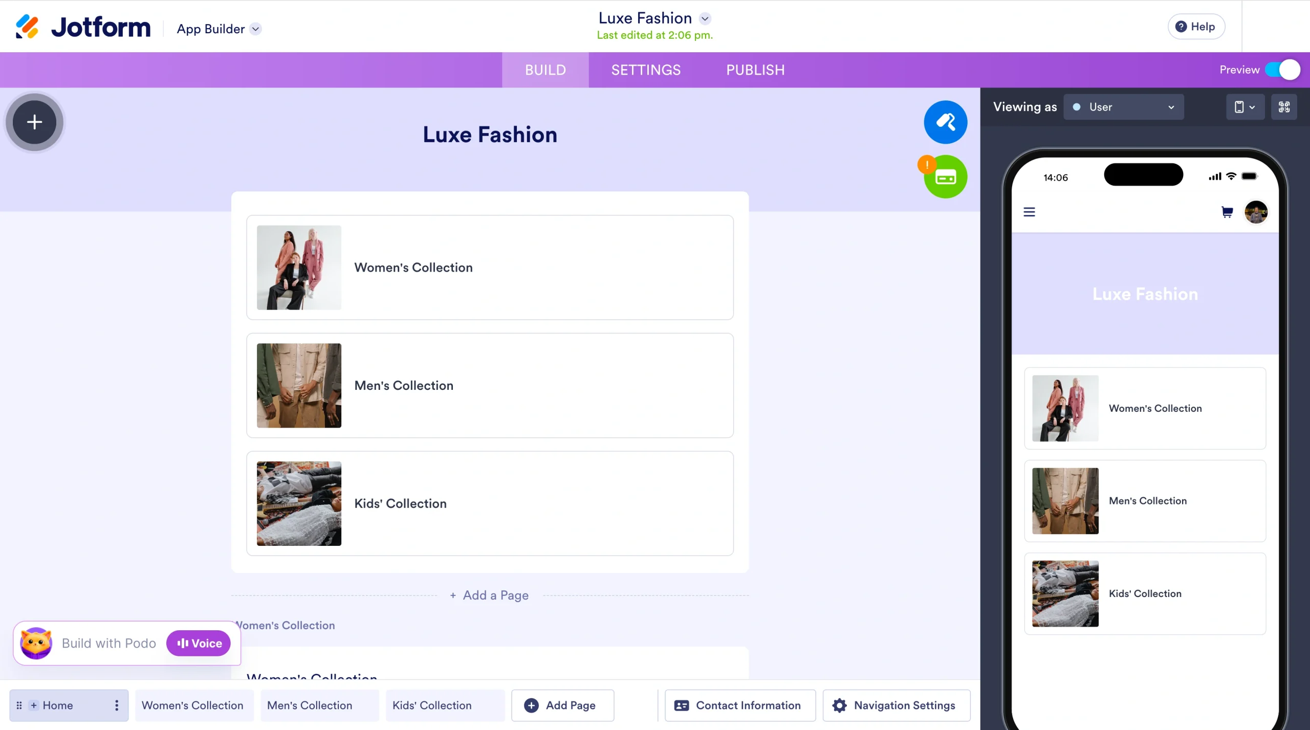 Screenshot of Jotform App Builder showing a store layout with category sections and a mobile preview on the right side
