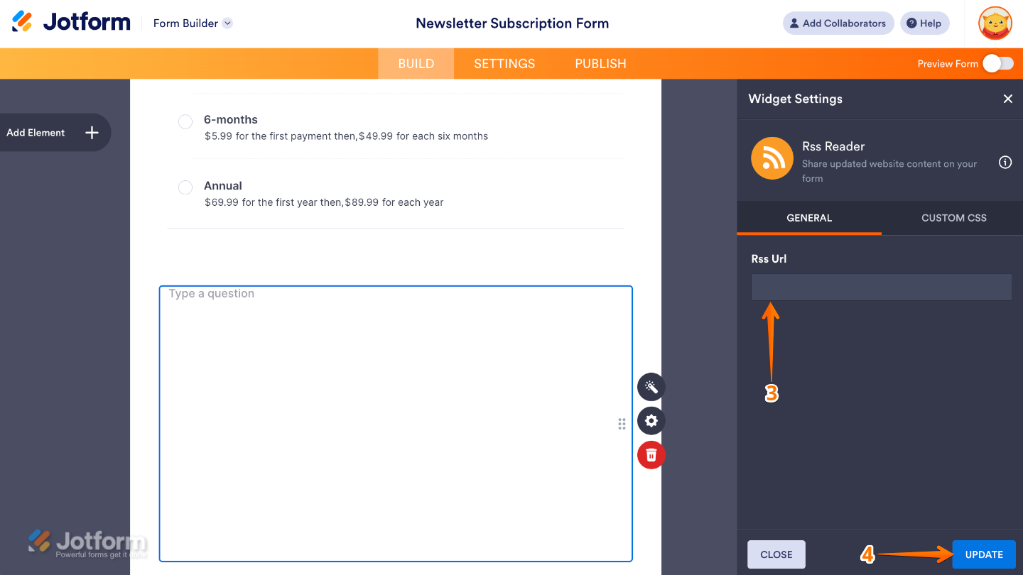 RSS Reader widget settings panel showing the RSS URL field for adding a feed link