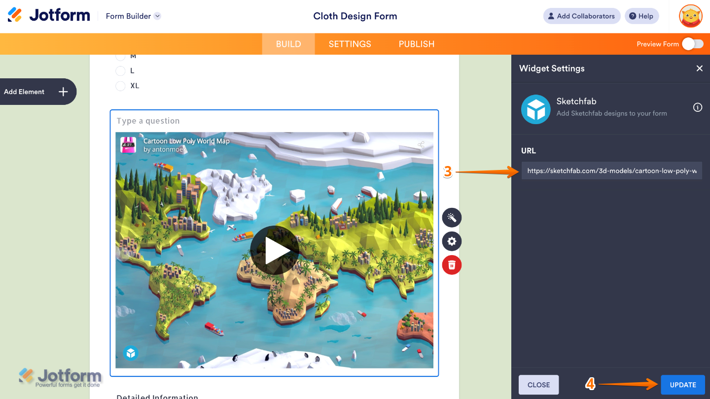 Sketchfab widget settings panel showing the URL field where a 3D model link is pasted
