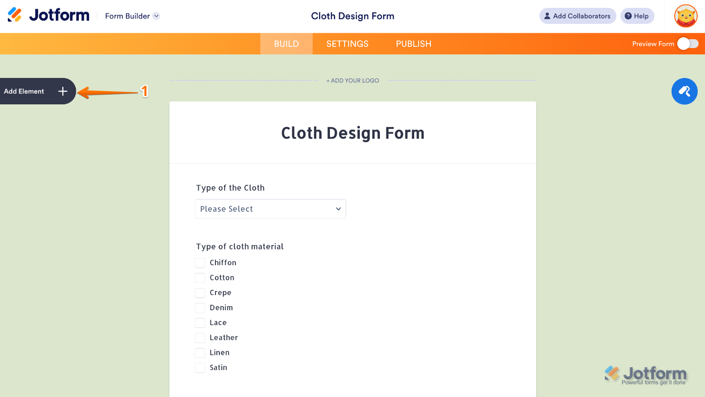Form Builder interface highlighting the Add Element button on the left panel to add new fields and widgets