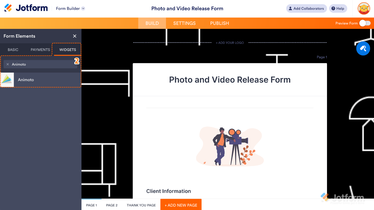 Form Elements panel under the Widgets tab showing the Animoto widget being searched and added to a form
