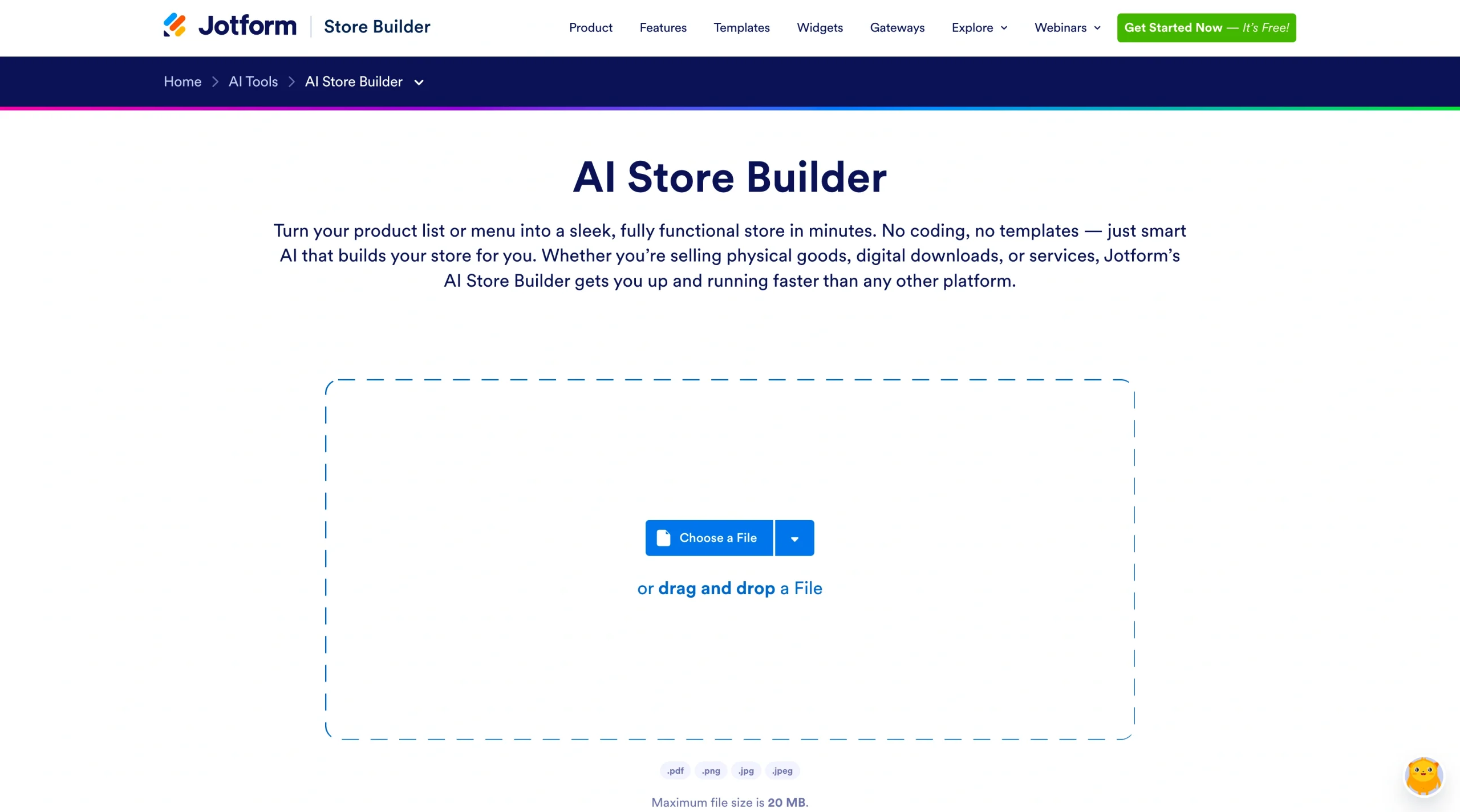 Screenshot of the Jotform AI Store Builder landing page