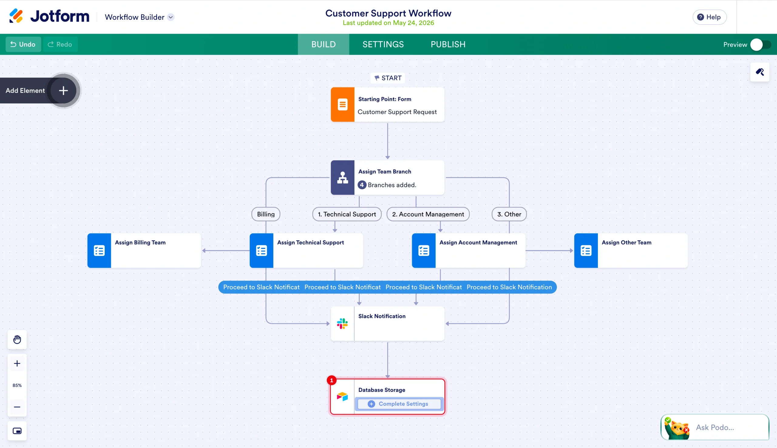 Jotform AI Workflow Generator creating an automated support request workflow with task routing, notifications, and approval steps