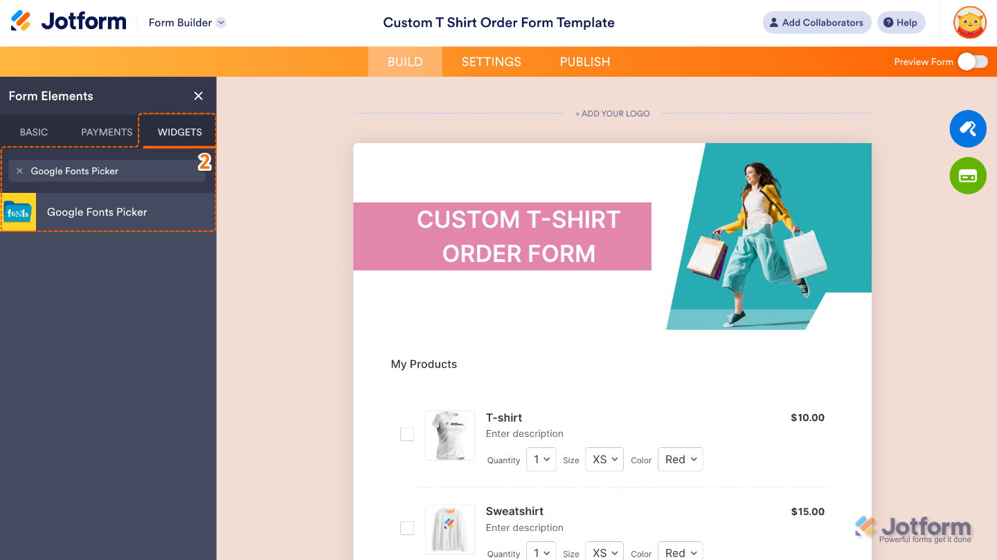 Form Elements panel under the Widgets tab showing the Google Fonts Picker widget being searched and added to a form