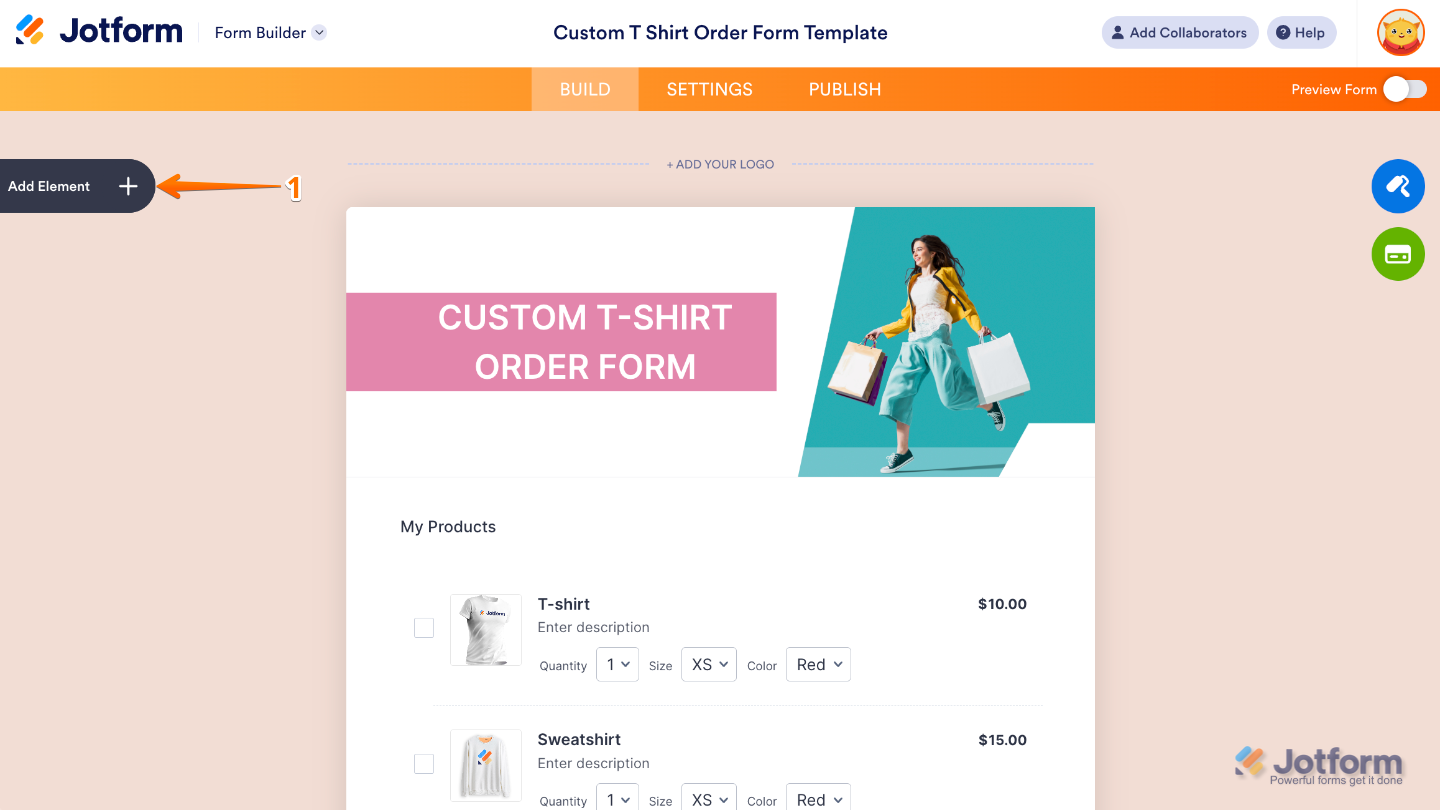 Form Builder interface highlighting the Add Element button on the left panel to add new fields and widgets