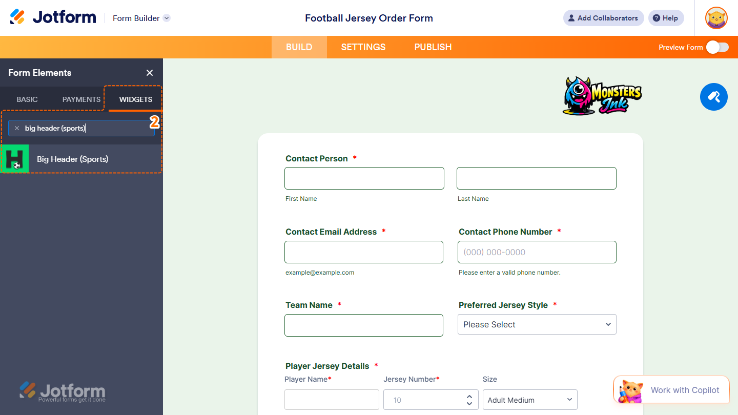 Big Header (Sports) element under the Widgets tab of the Form Elements menu in Jotform Form Builder