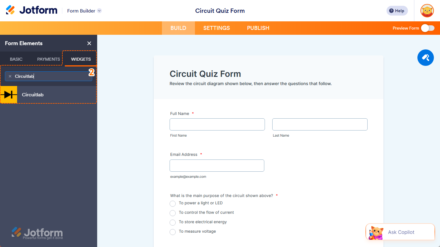 Circuitlab element under the Widgets tab of the Form Elements menu in Jotform Form Builder