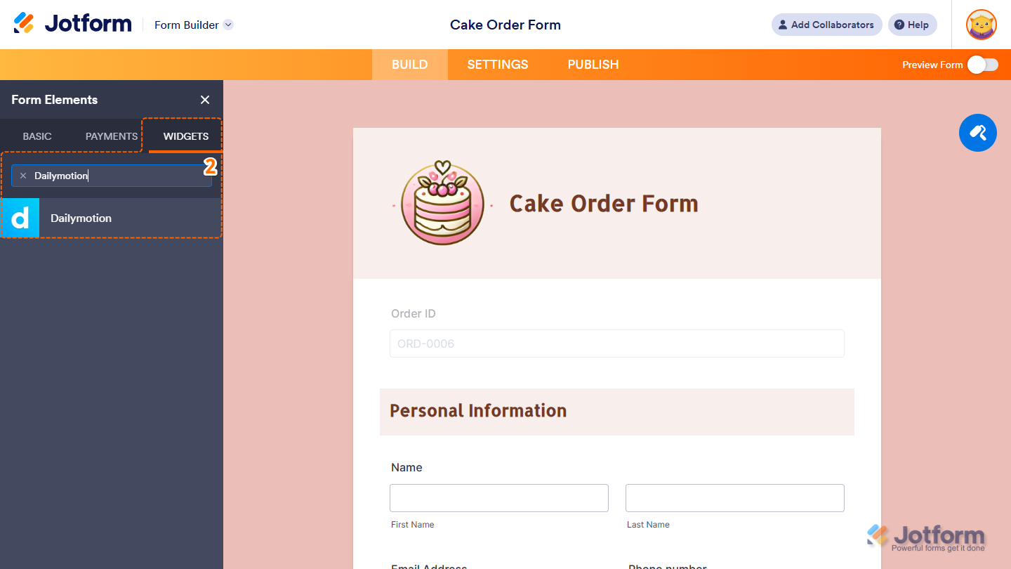Dailymotion element under the Widgets tab of the Form Elements menu in Jotform Form Builder