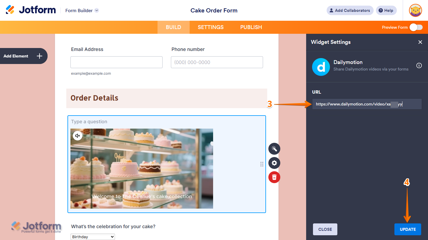 Dailymotion Widget Settings in Jotform Form Builder