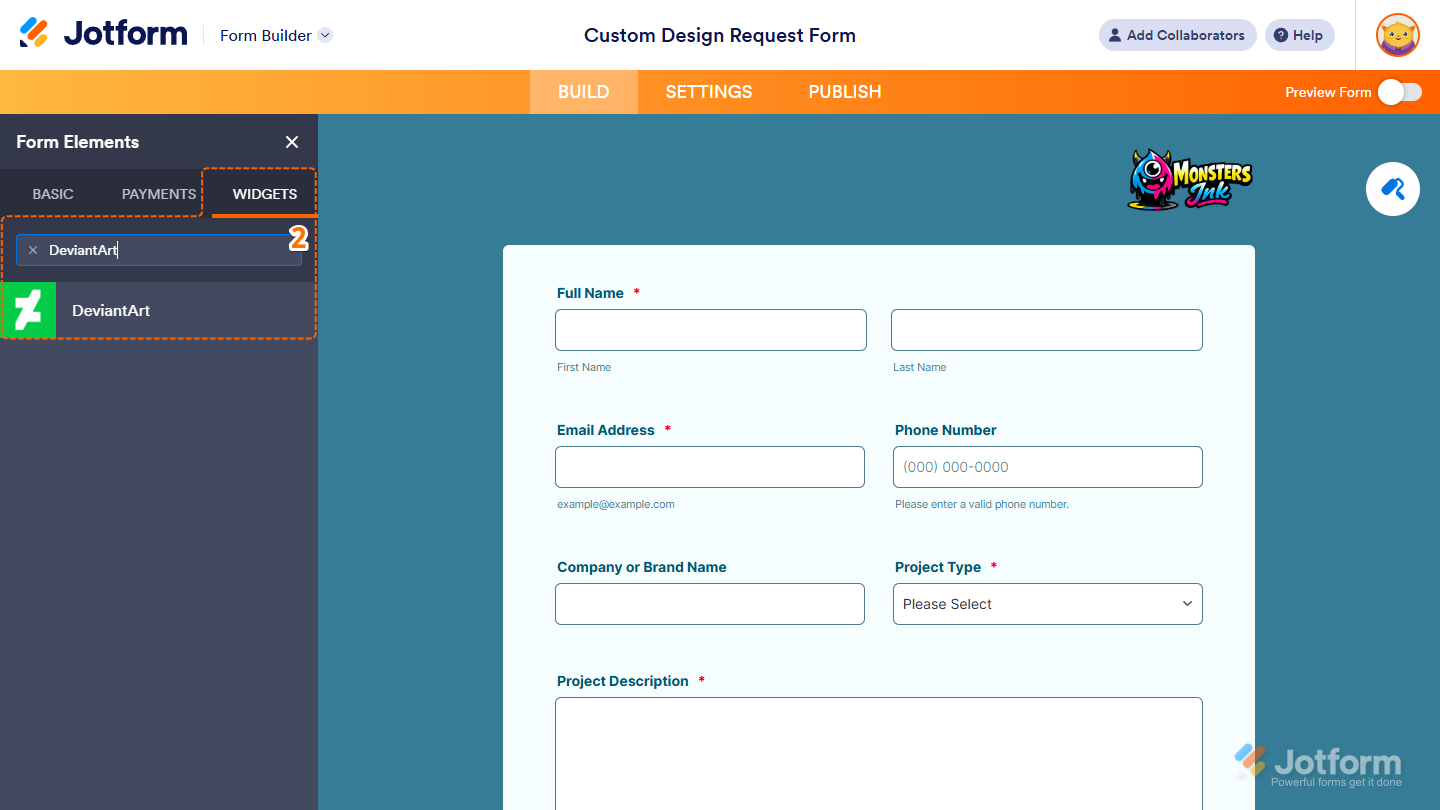 DeviantArt element under the Widgets tab of the Form Elements menu in Jotform Form Builder