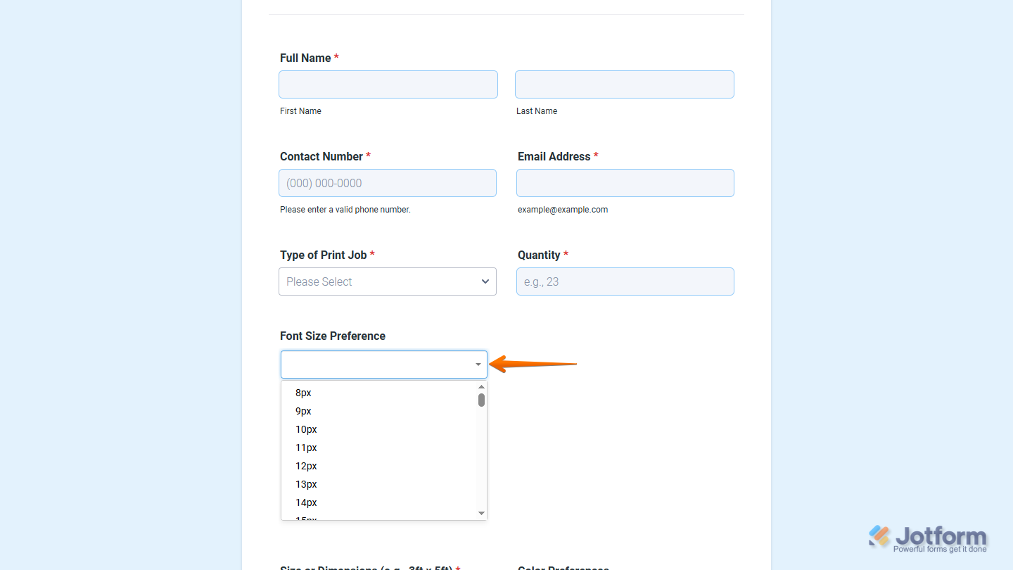 Font Size Picker widget on a Jotform form
