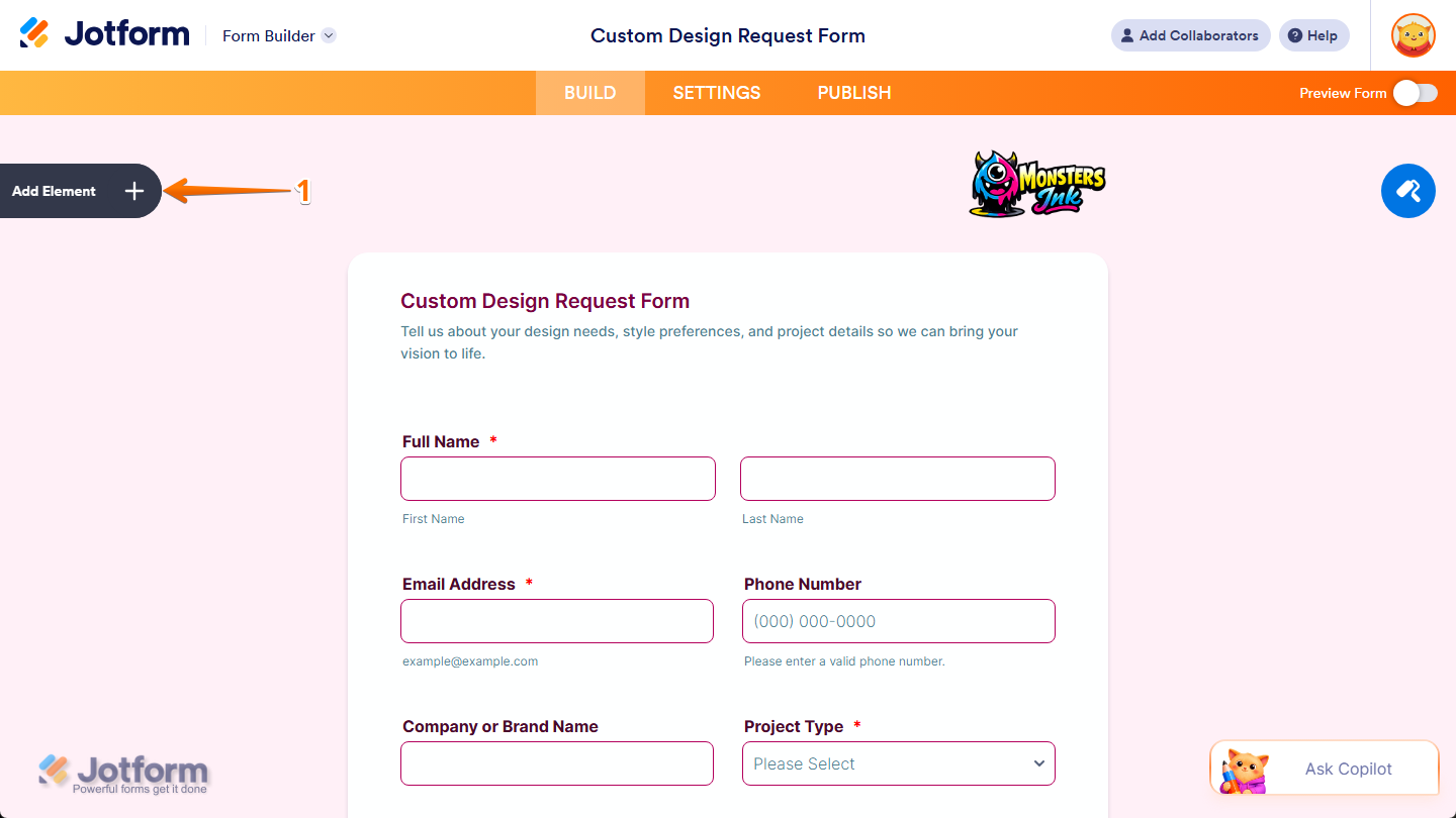 Add Element button in Jotform Form Builder