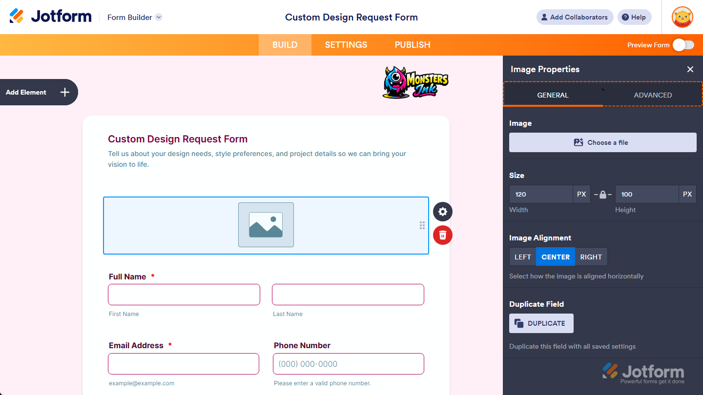 General and Advanced tabs in Image Properties menu in Jotform Form Builder