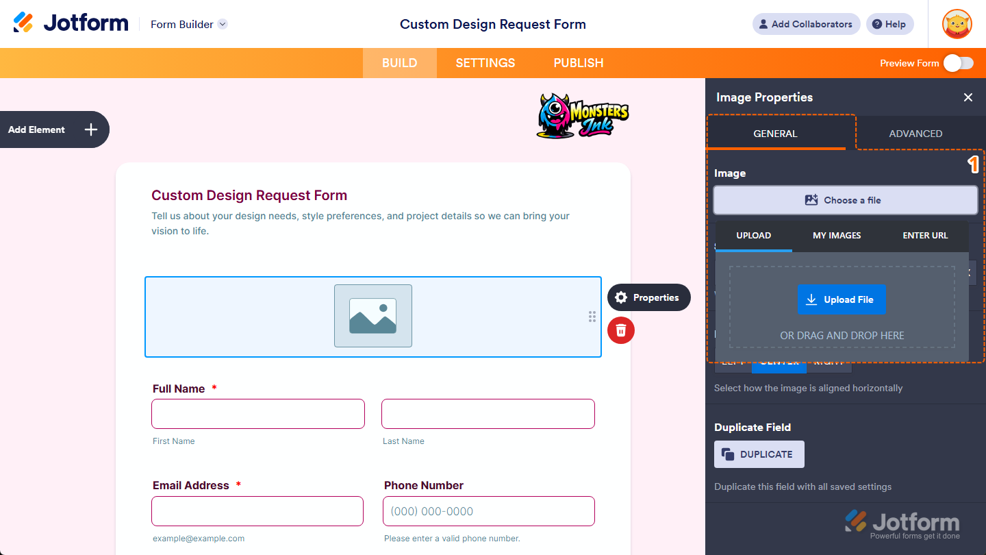 Add Image tabs in the Image property under the General tab in the Image Properties menu in Jotform Builder