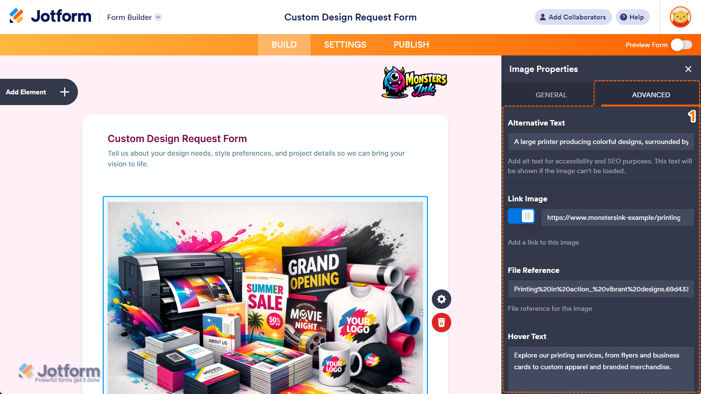 Alternative Text, Link Image, File Reference, and Hover Text properties under the Advanced tab in the Image Properties menu in Jotform Builder