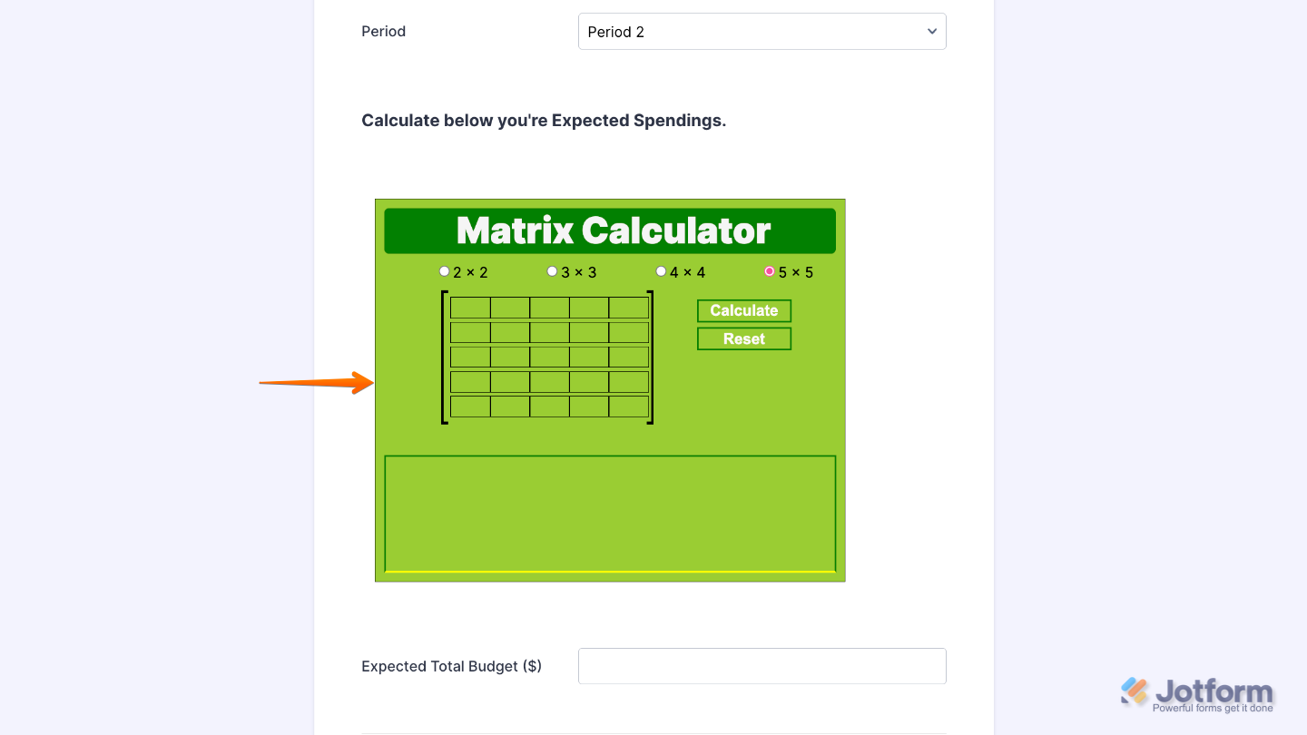 Configured Matrix Calculator widget in a form showing computed totals and scores for matrix fields